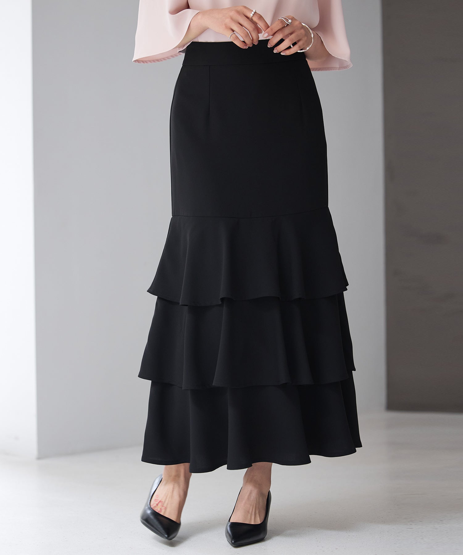 フリルティアードロング丈スカートsdp0283 ブラック