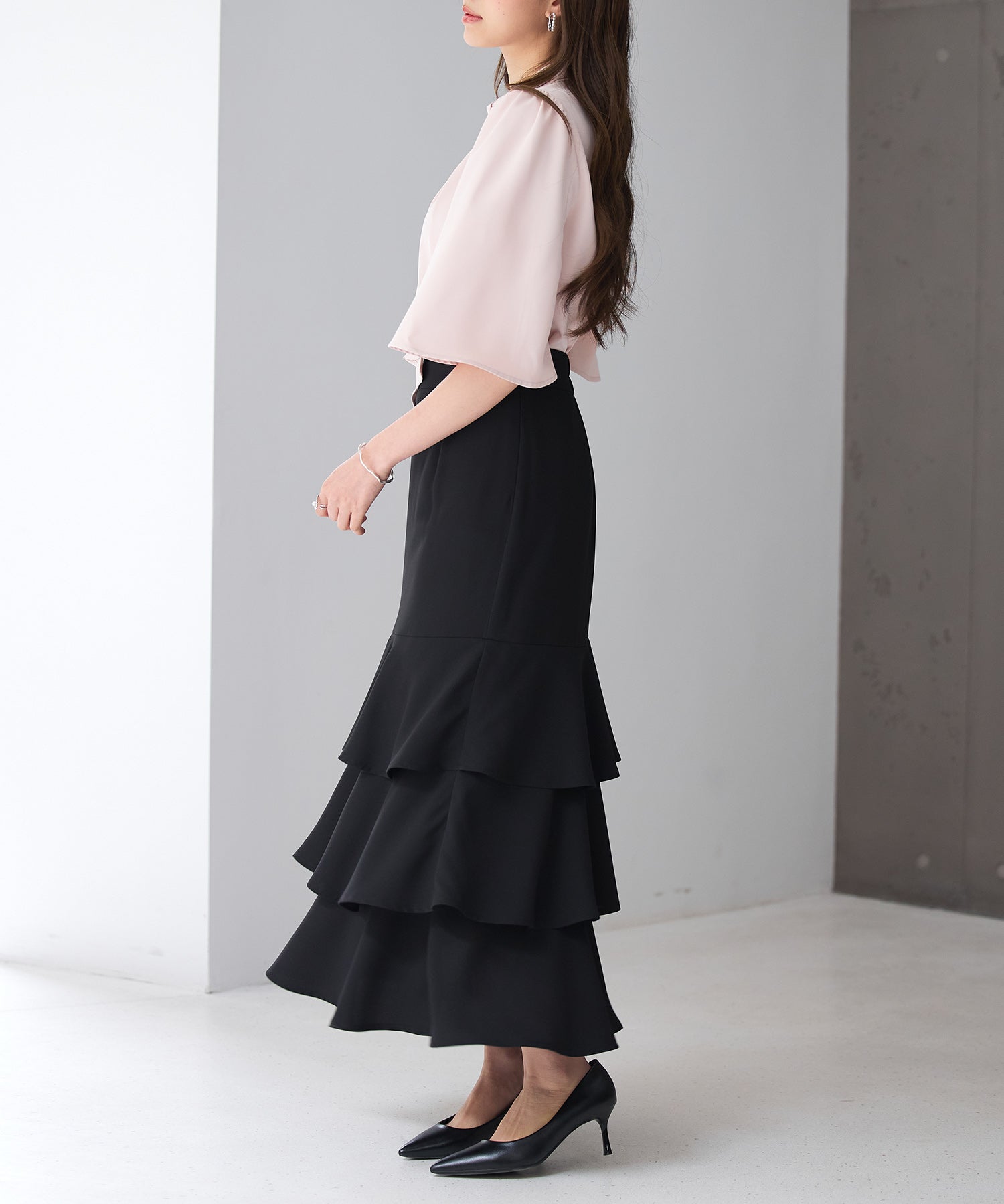 フリルティアードロング丈スカートsdp0283 ブラック