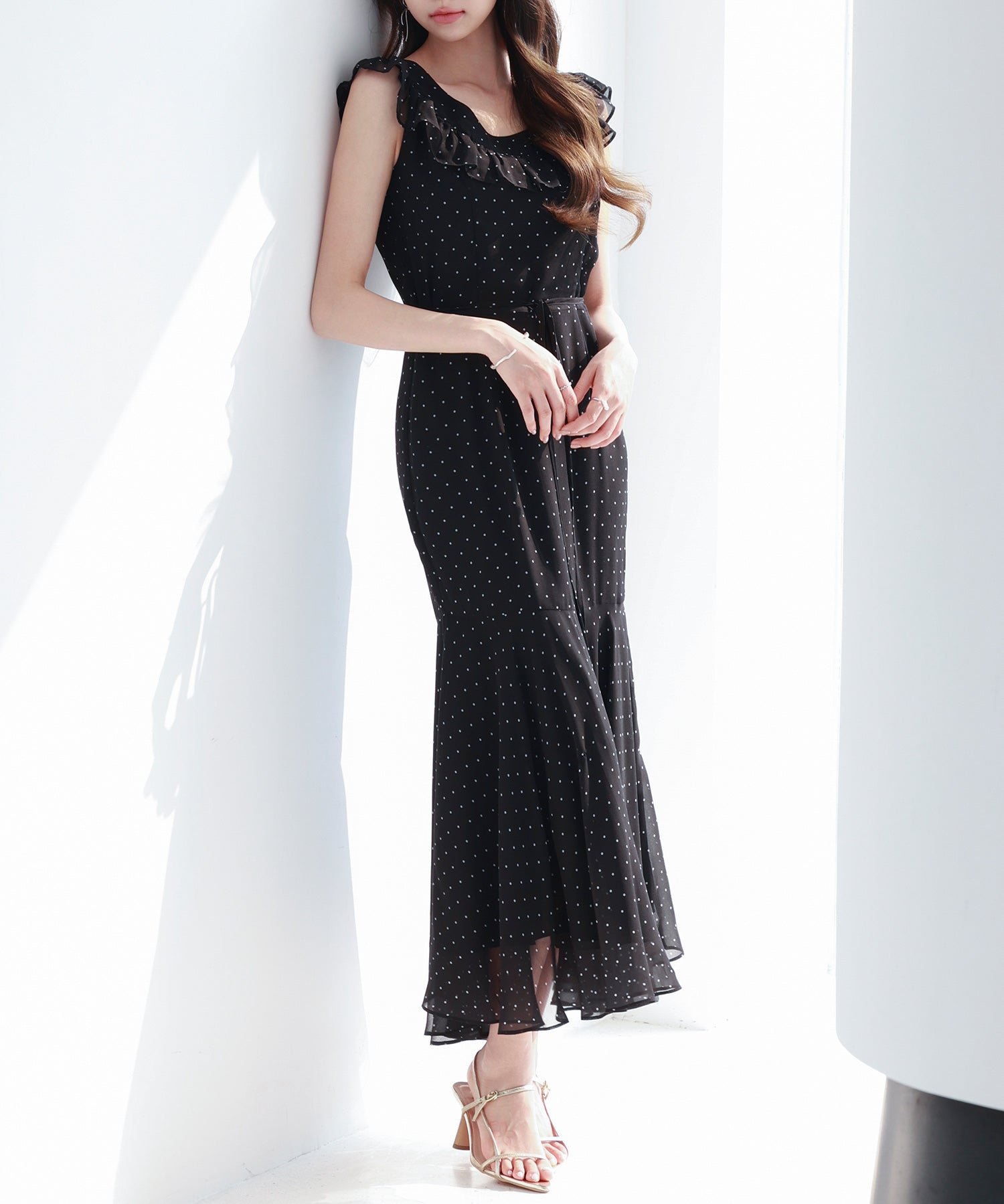 ドットシフォンロング丈ワンピースsdp0284 ブラック