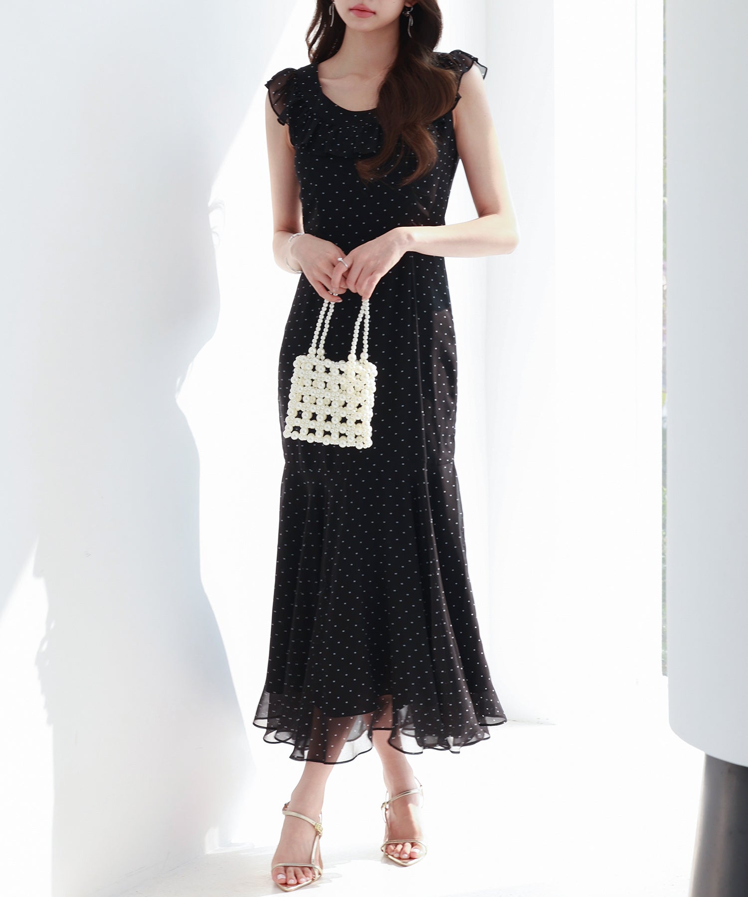 ドットシフォンロング丈ワンピースsdp0284 ブラック