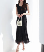 ドットシフォンロング丈ワンピースsdp0284 ブラック