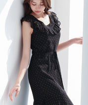 ドットシフォンロング丈ワンピースsdp0284 ブラック