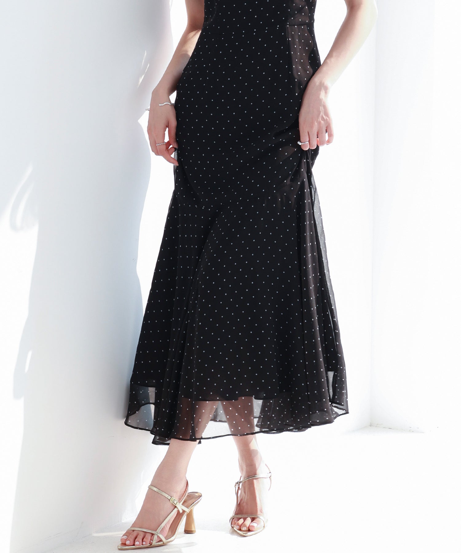 ドットシフォンロング丈ワンピースsdp0284 ブラック