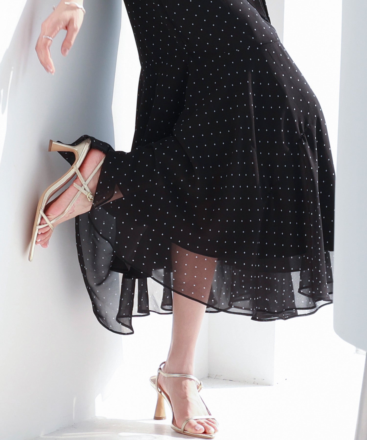 ドットシフォンロング丈ワンピースsdp0284 ブラック