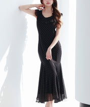 ドットシフォンロング丈ワンピースsdp0284 ブラック