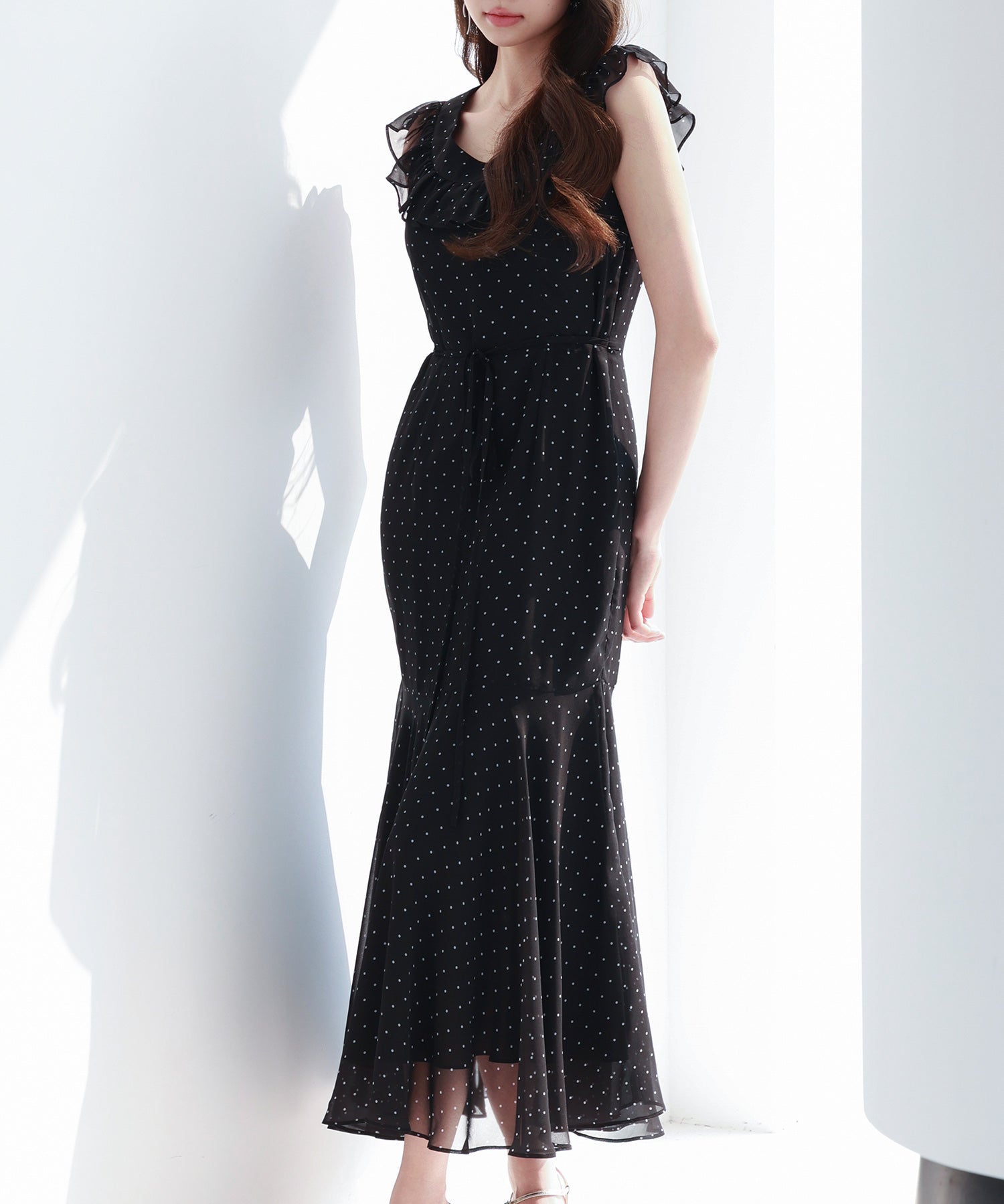 ドットシフォンロング丈ワンピースsdp0284 ブラック