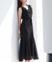 ドットシフォンロング丈ワンピースsdp0284 ブラック
