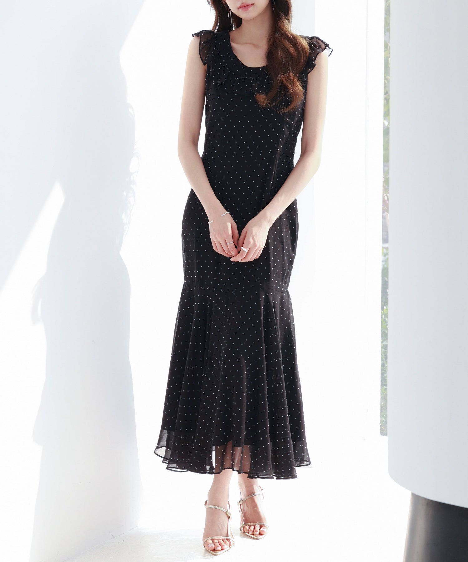 ドットシフォンロング丈ワンピースsdp0284 ブラック