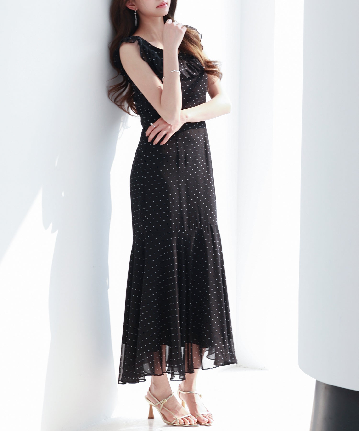 ドットシフォンロング丈ワンピースsdp0284 ブラック
