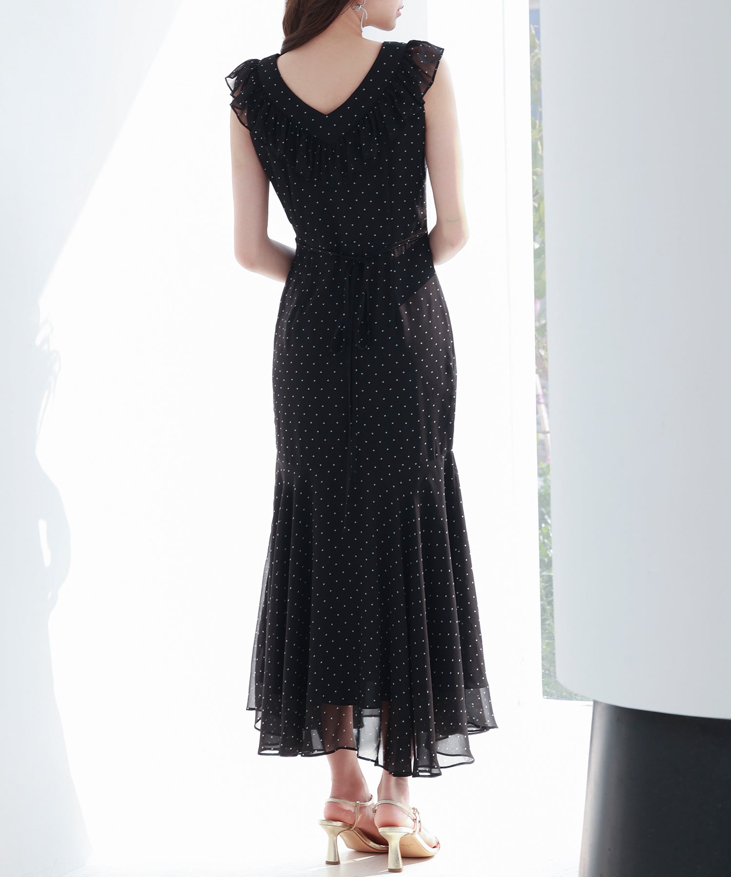 ドットシフォンロング丈ワンピースsdp0284 ブラック