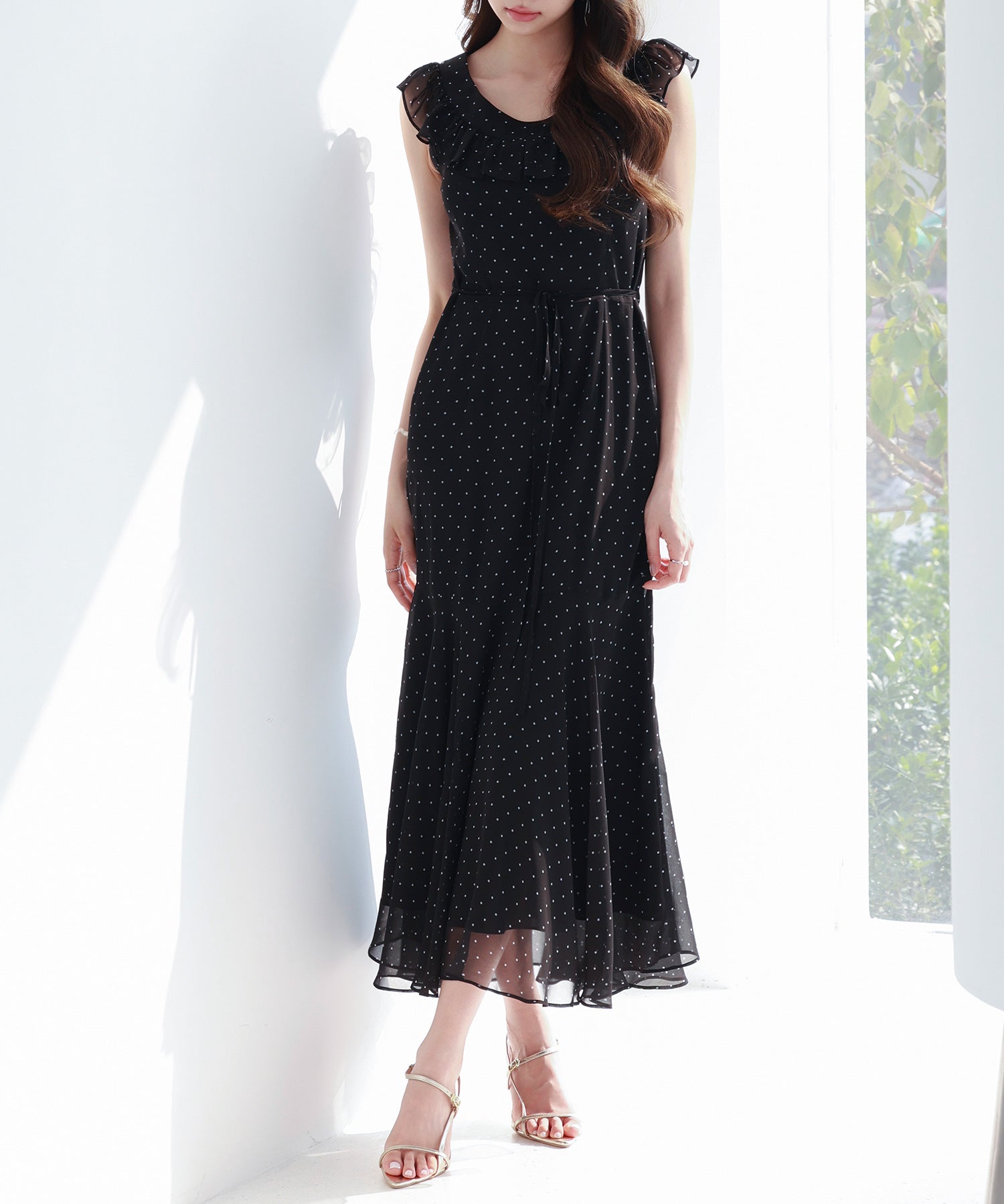 ドットシフォンロング丈ワンピースsdp0284 ブラック