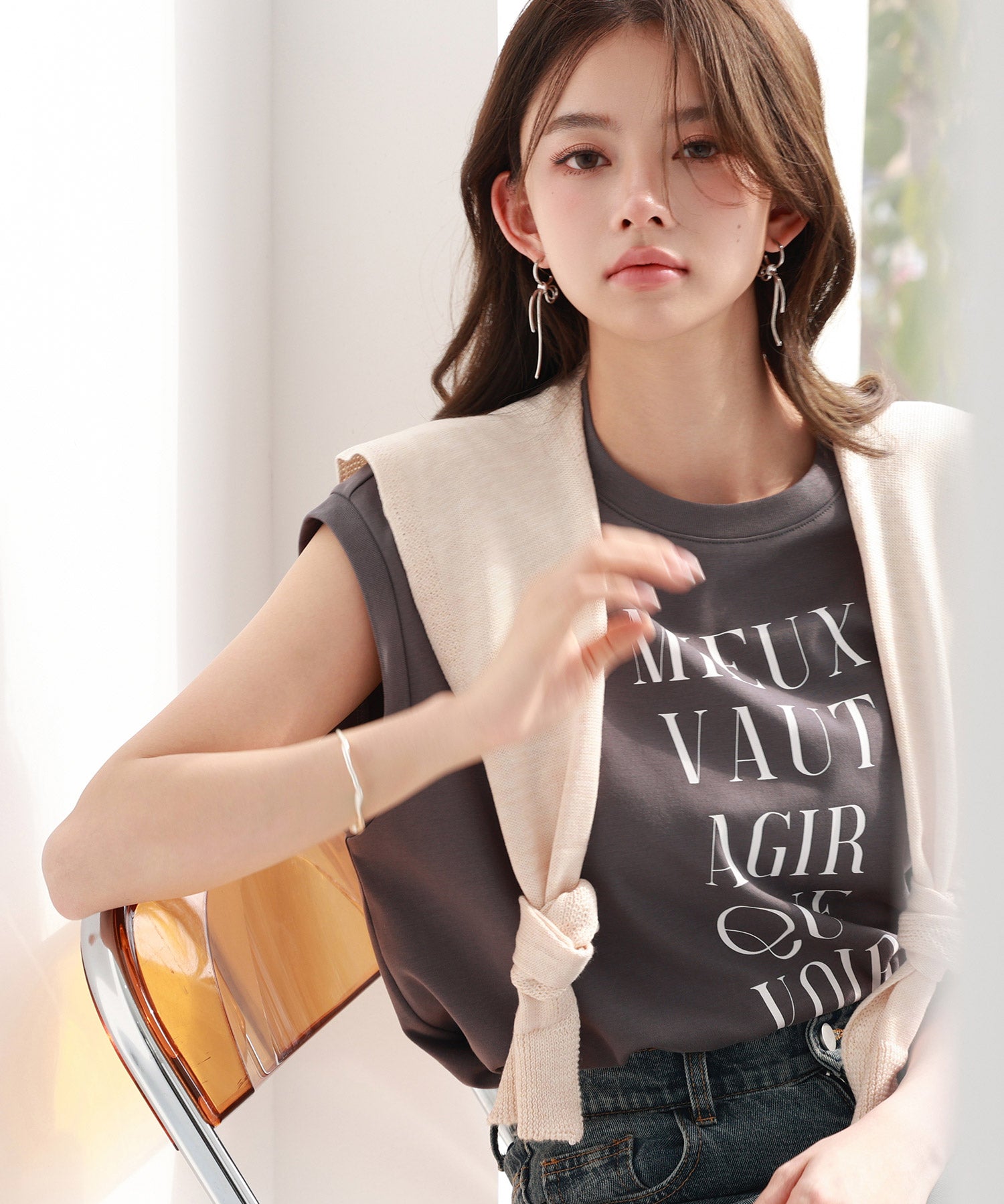 【コットン100%】ロゴプリントカットソーsdp0285 チャコール