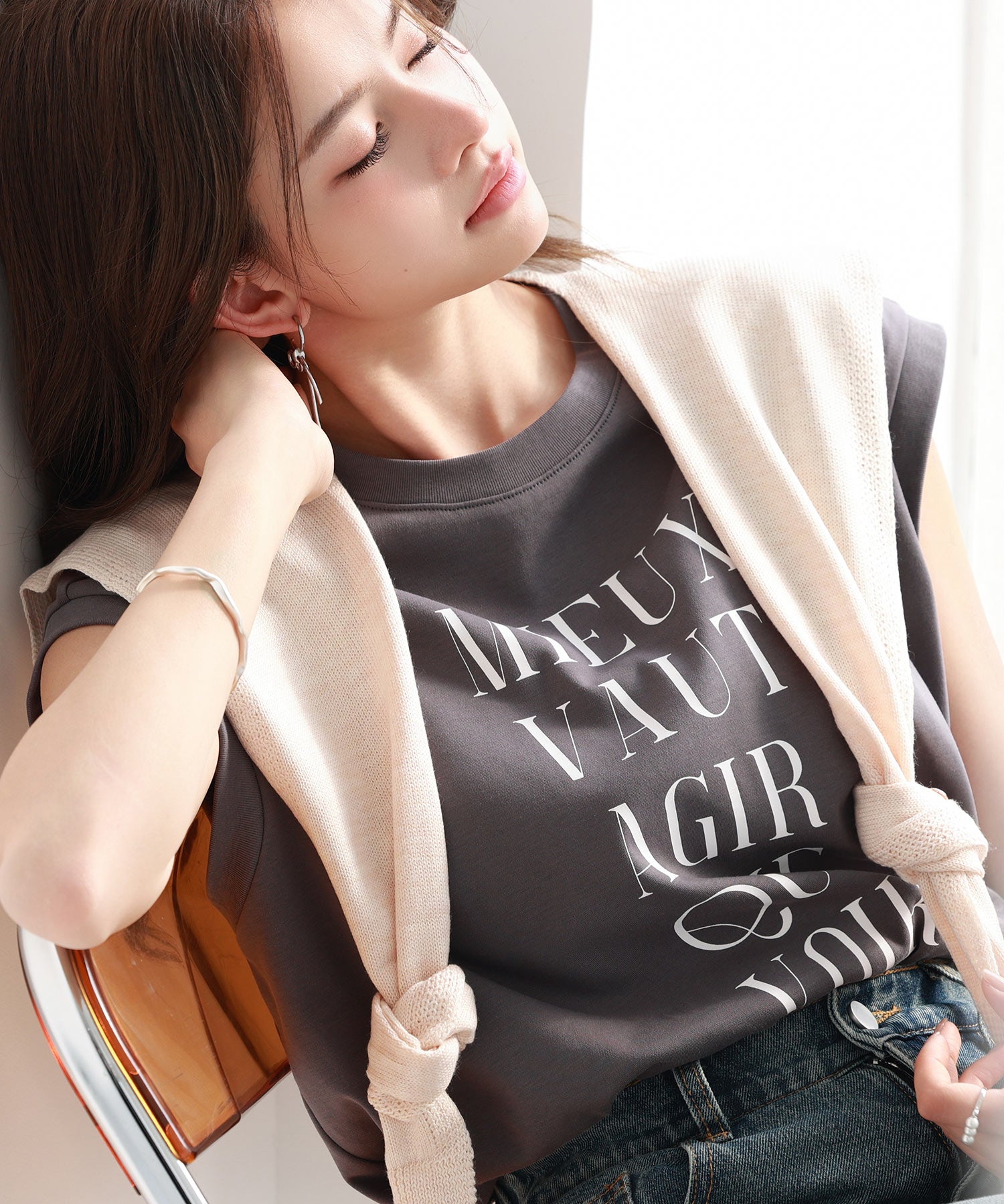 【コットン100%】ロゴプリントカットソーsdp0285 チャコール