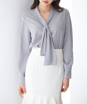 とろみ生地ボウタイブラウスsdp0286 グレー