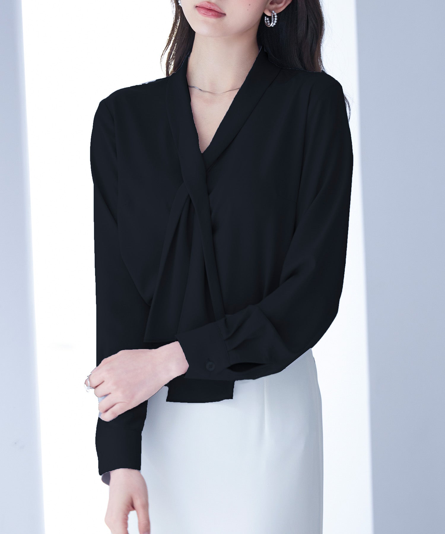 とろみ生地ボウタイブラウスsdp0286 ブラック