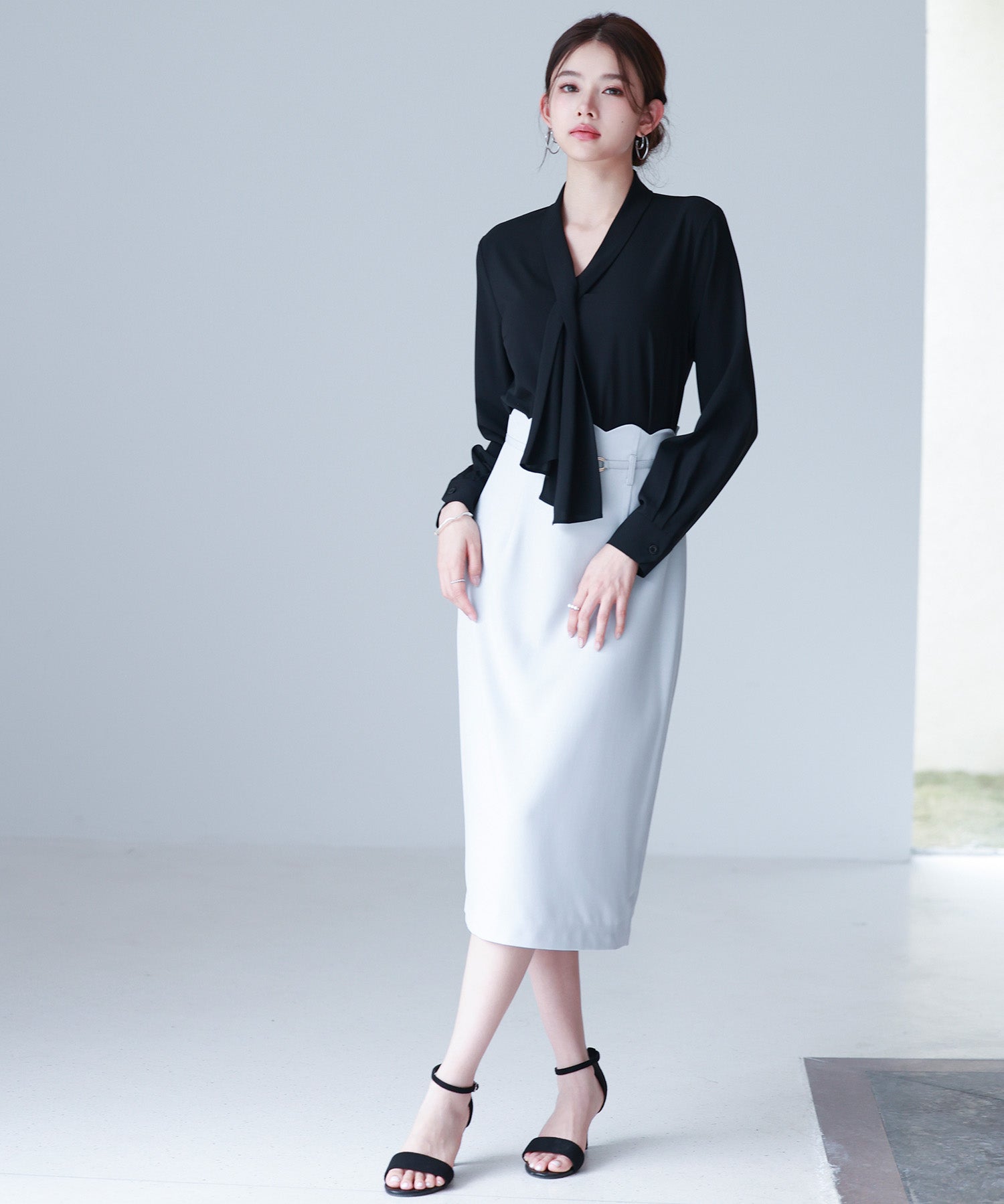 とろみ生地ボウタイブラウスsdp0286 ブラック