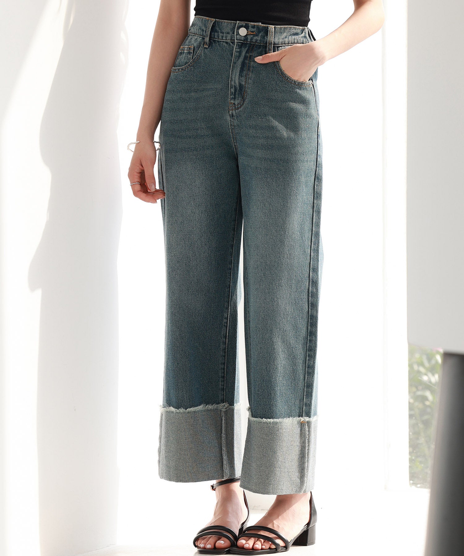 折り返しダメージハイライズデニムsdp0288 ブルー