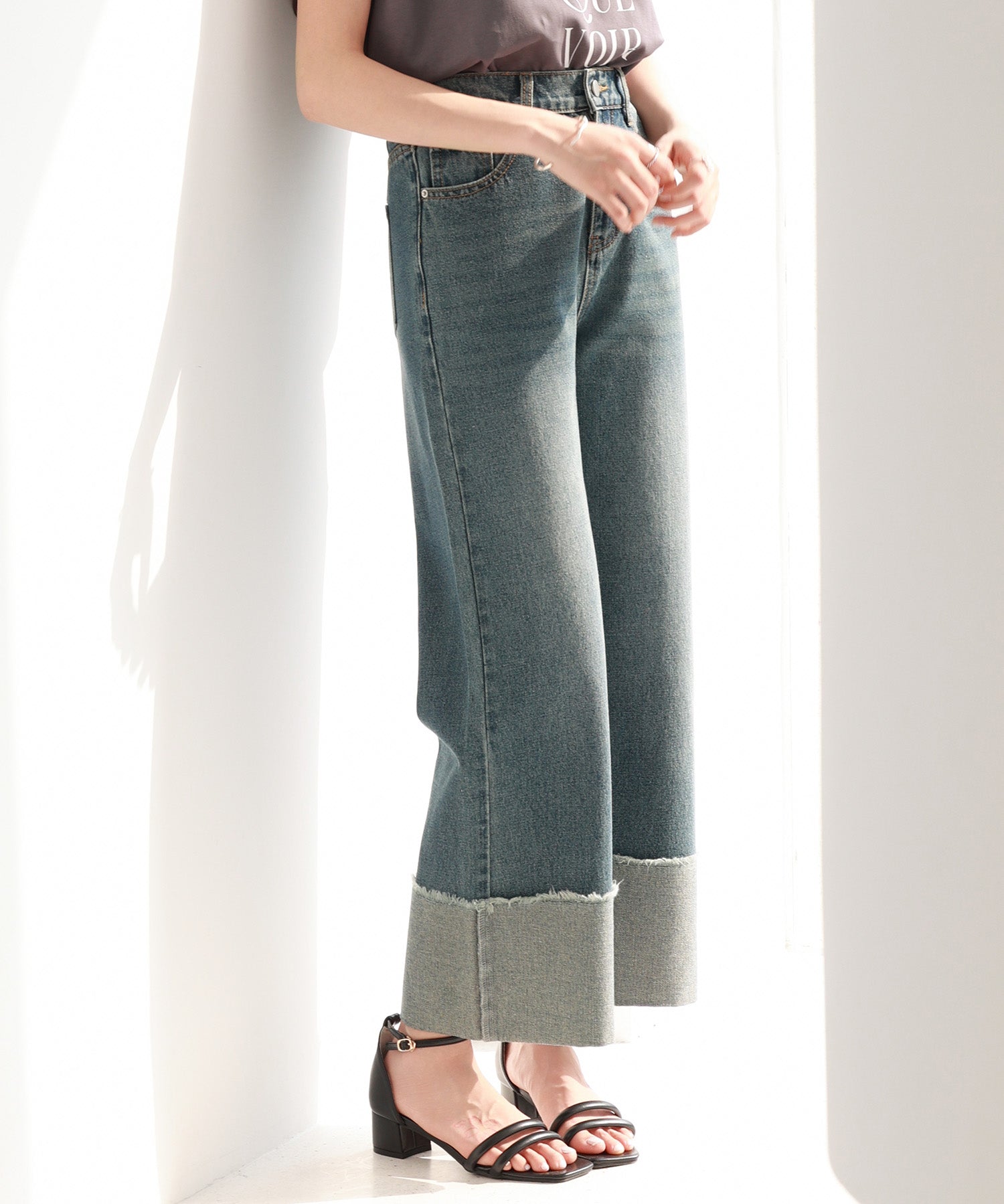 折り返しダメージハイライズデニムsdp0288 ブルー