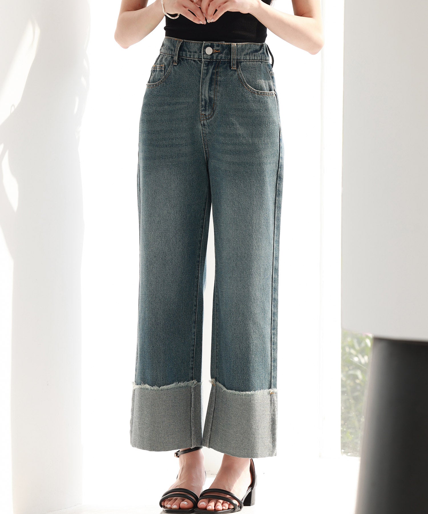 折り返しダメージハイライズデニムsdp0288 ブルー