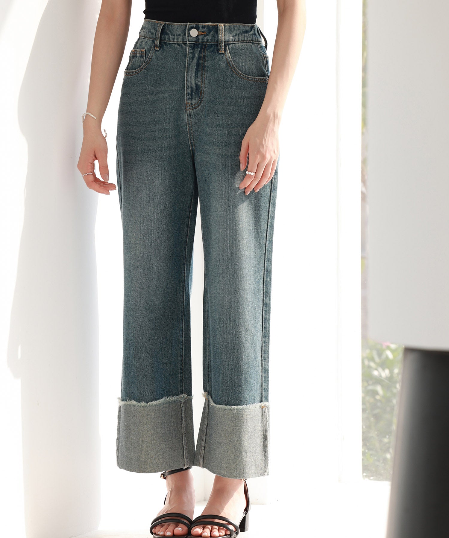 折り返しダメージハイライズデニムsdp0288 ブルー