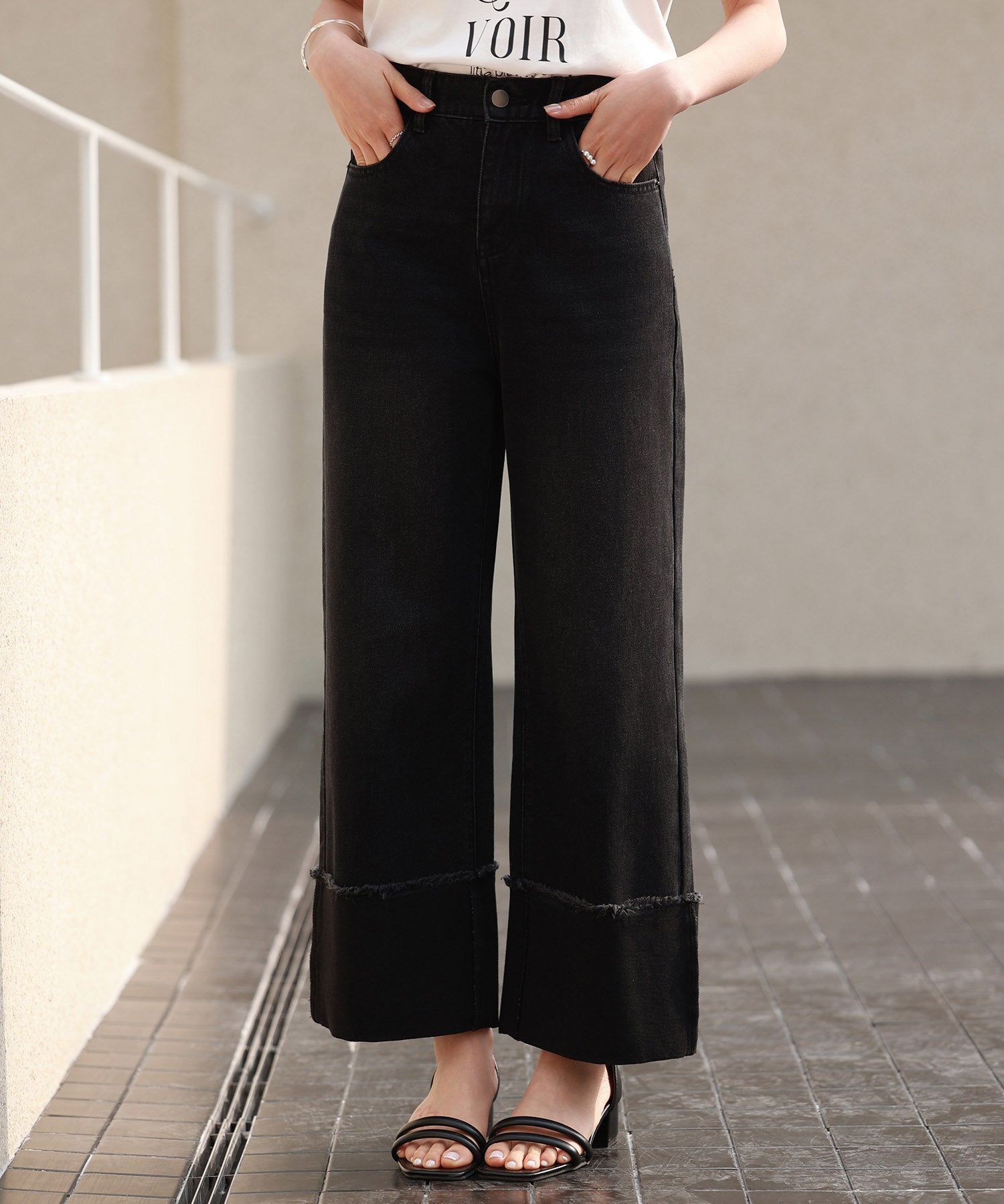 折り返しダメージハイライズデニムsdp0288 ブラック