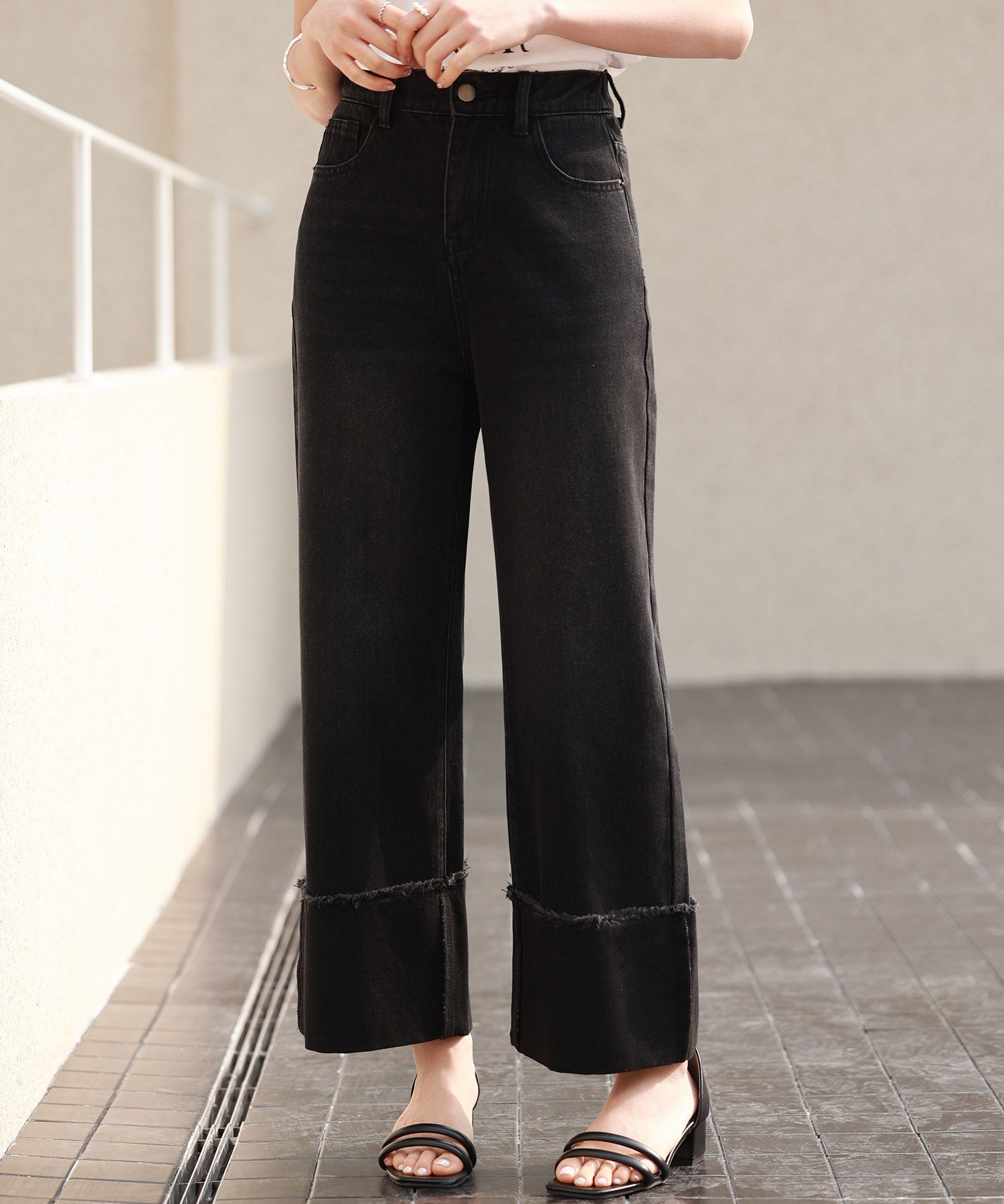 折り返しダメージハイライズデニムsdp0288 ブラック