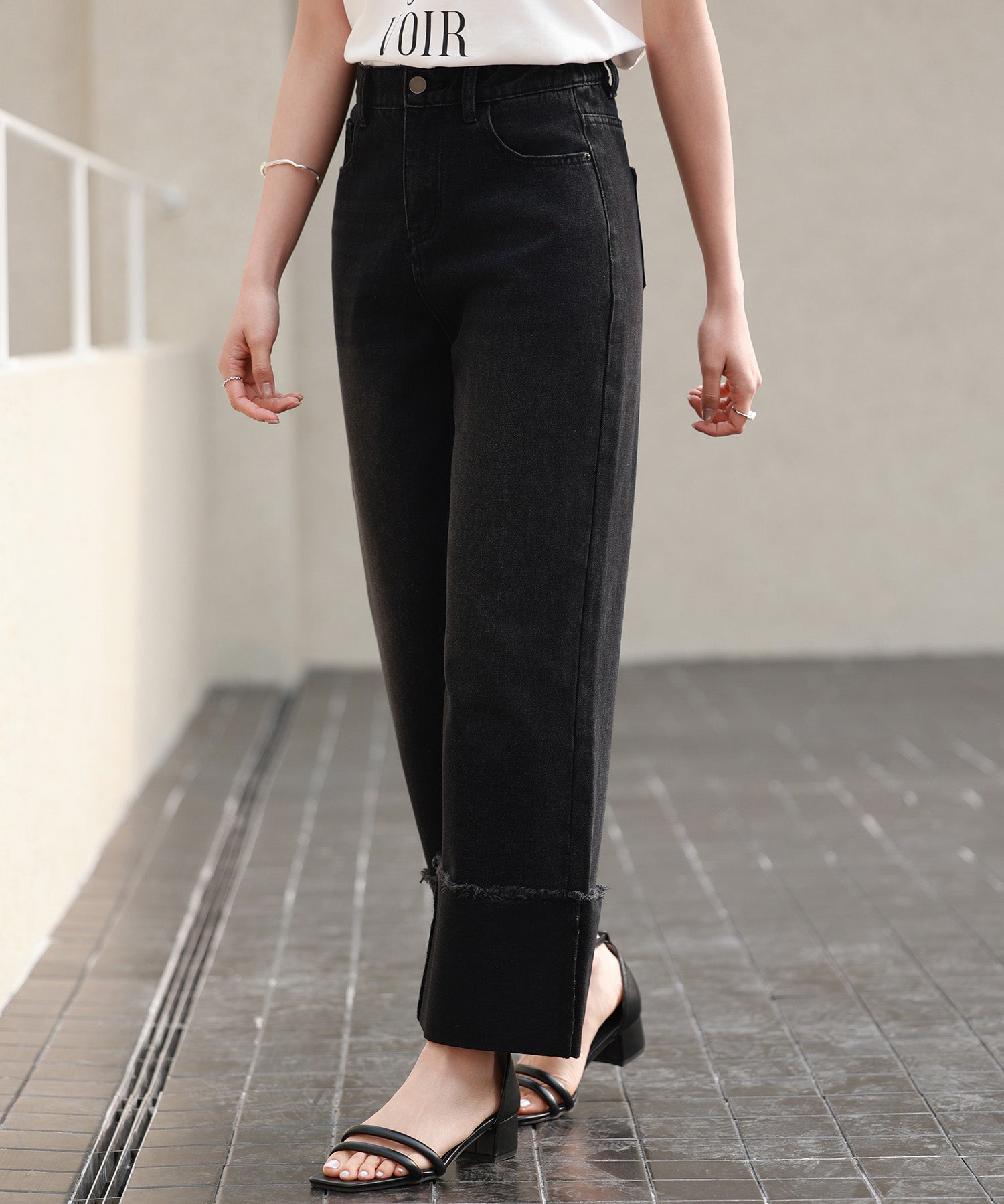 折り返しダメージハイライズデニムsdp0288 ブラック