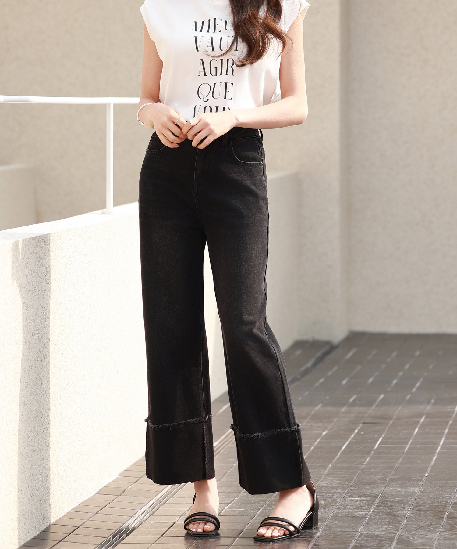 折り返しダメージハイライズデニムsdp0288 ブラック