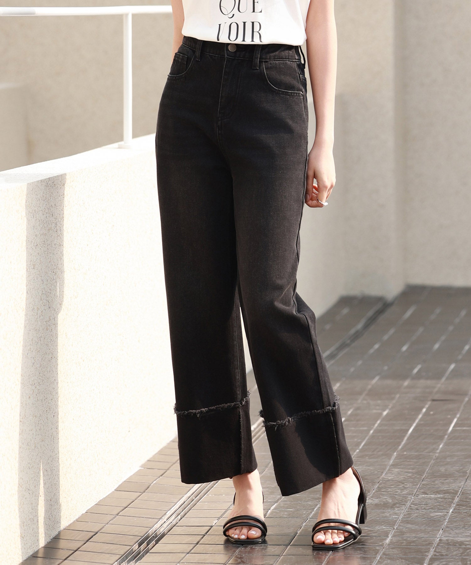 折り返しダメージハイライズデニムsdp0288 ブラック