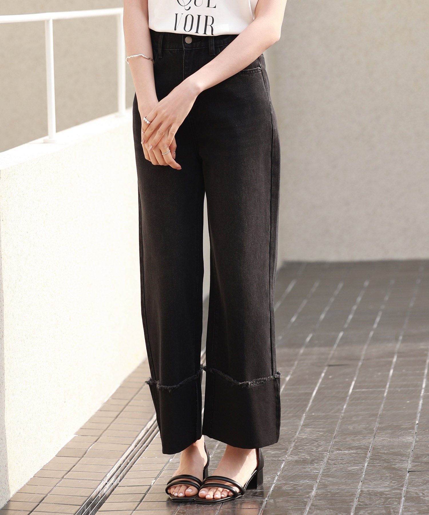 折り返しダメージハイライズデニムsdp0288 ブラック