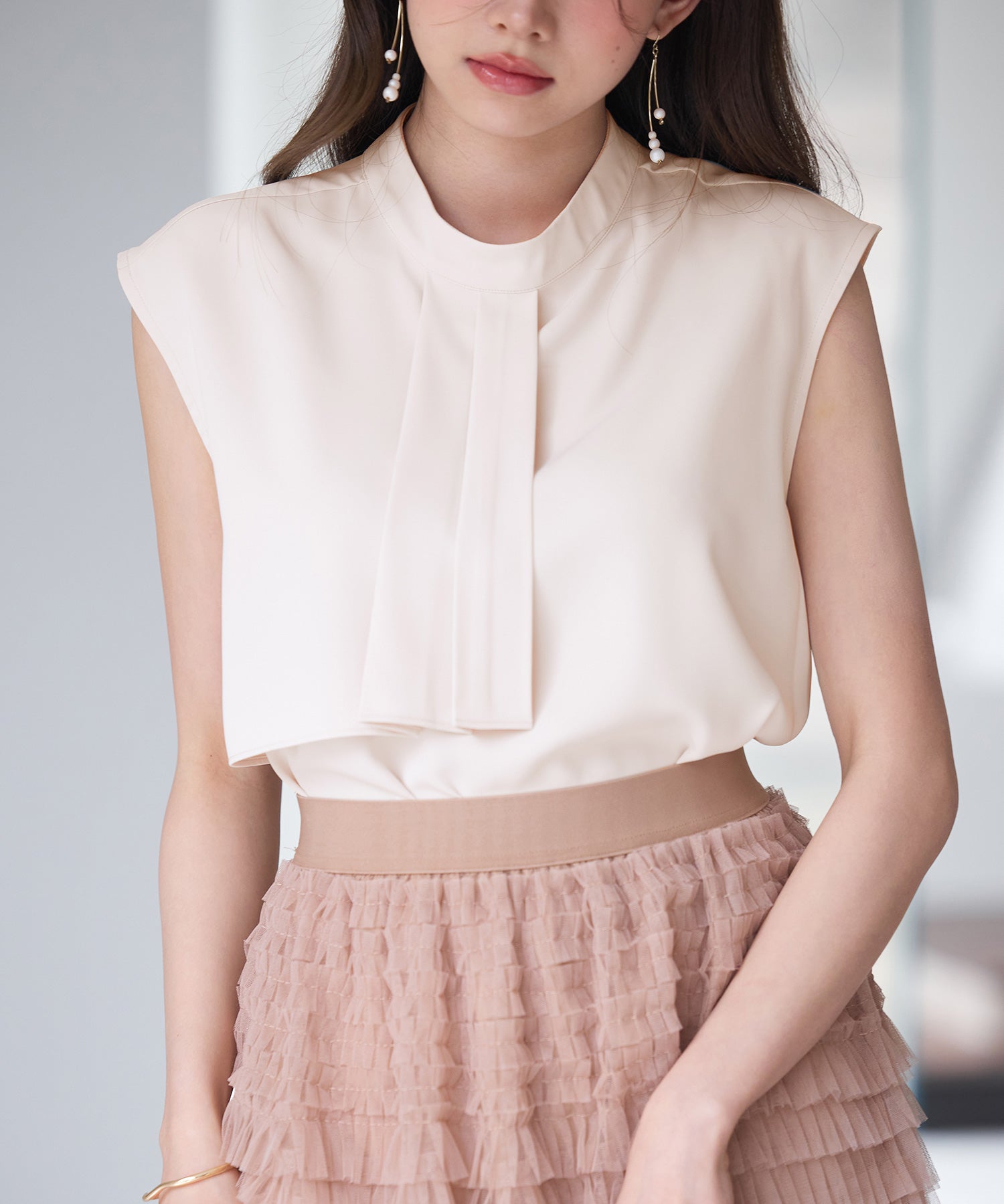 アシメトリーボウタイ風ブラウスsdp0289 ピンクベージュ