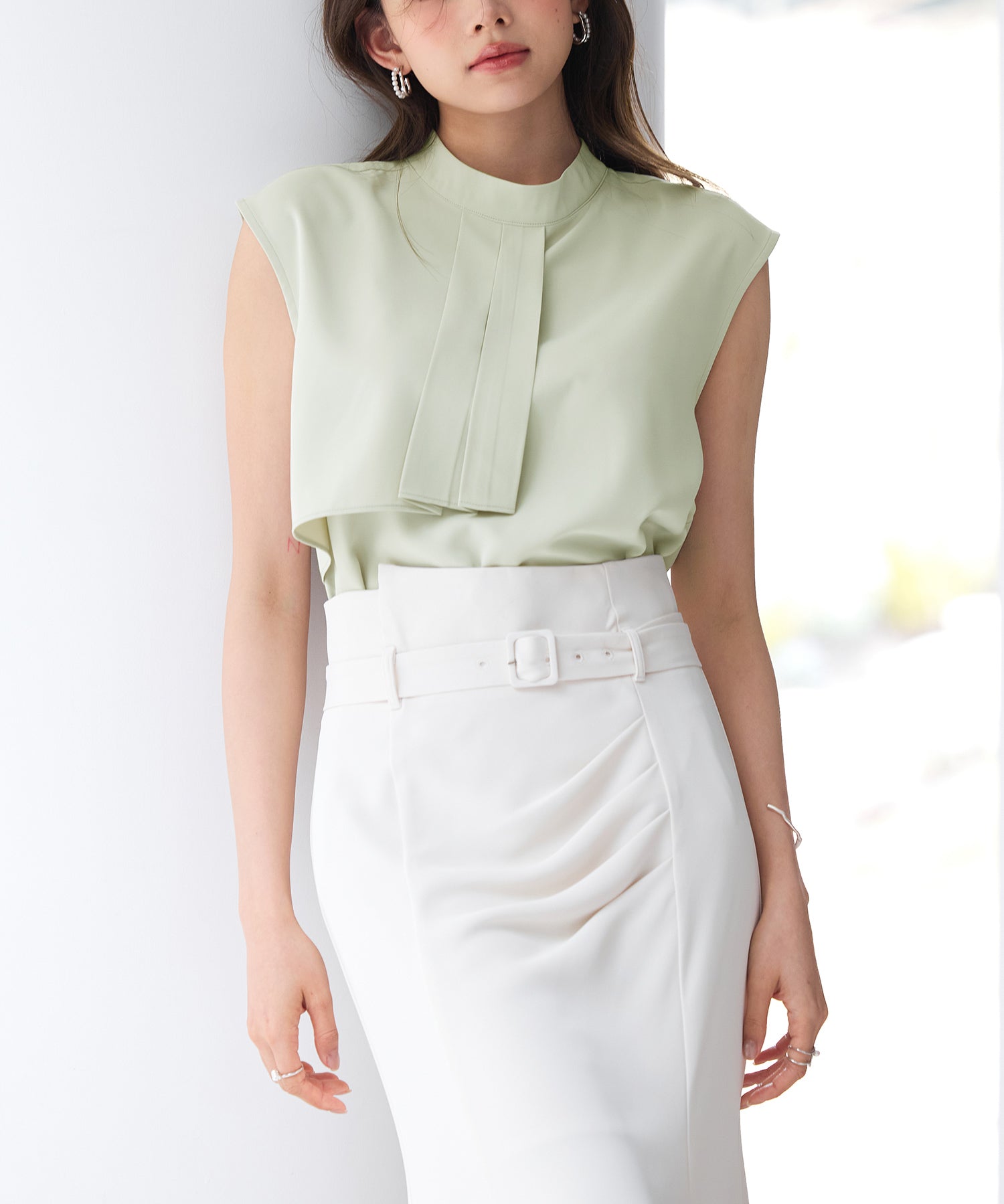 アシメトリーボウタイ風ブラウスsdp0289 ライトグリーン