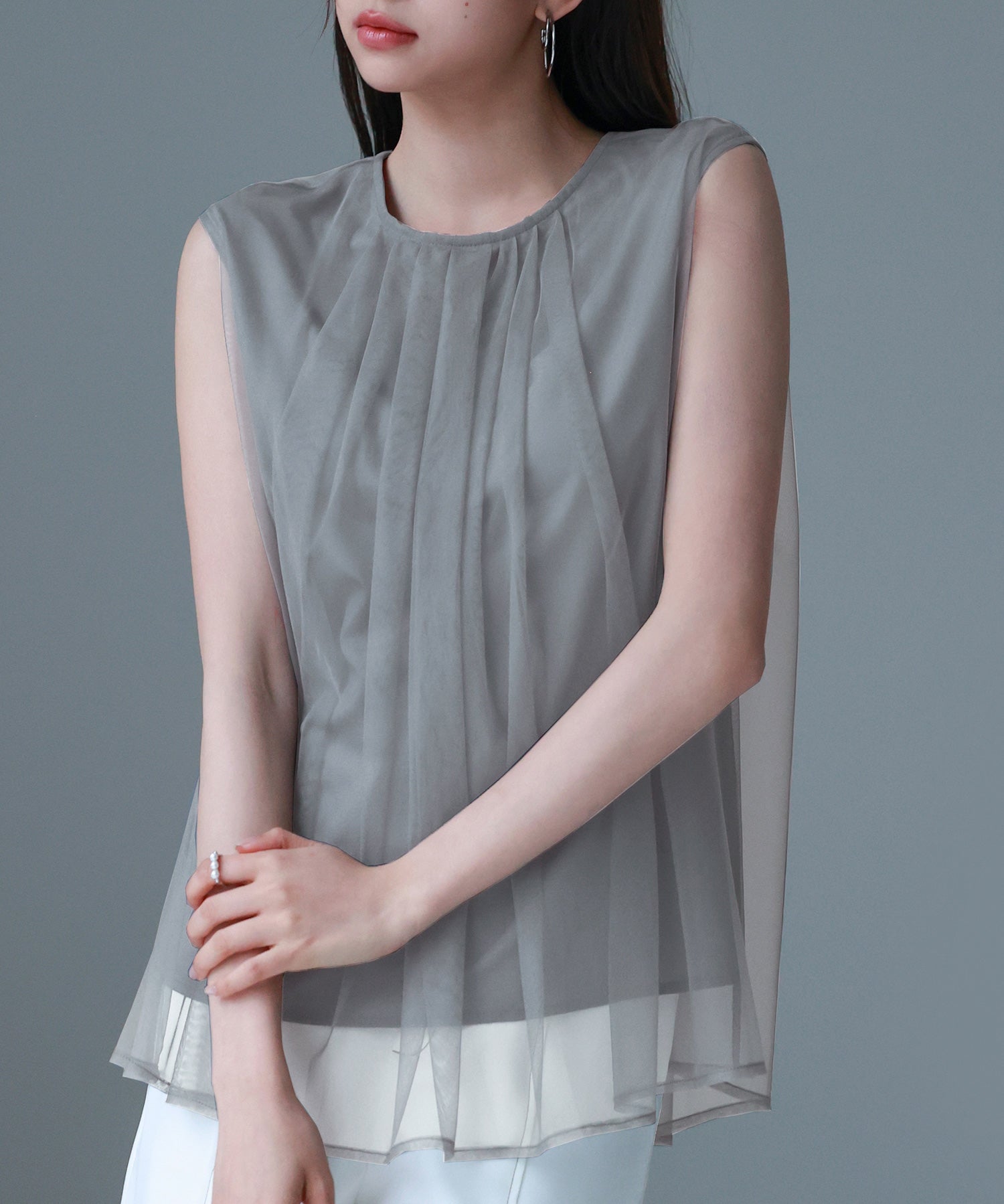 チュール素材ノースリーブブラウスsdp0290 チャコール