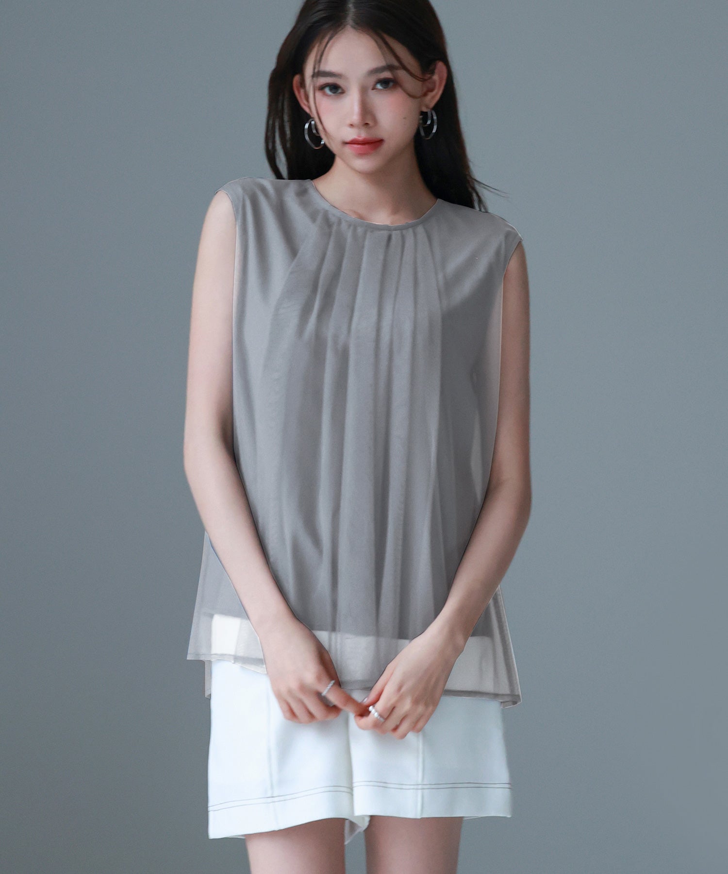 チュール素材ノースリーブブラウスsdp0290 チャコール