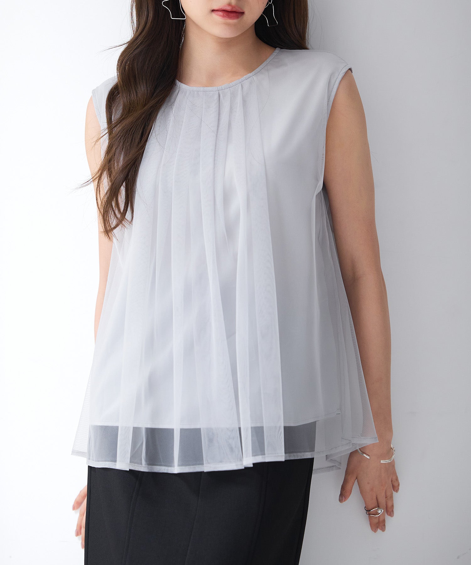 チュール素材ノースリーブブラウスsdp0290 ライトグレー