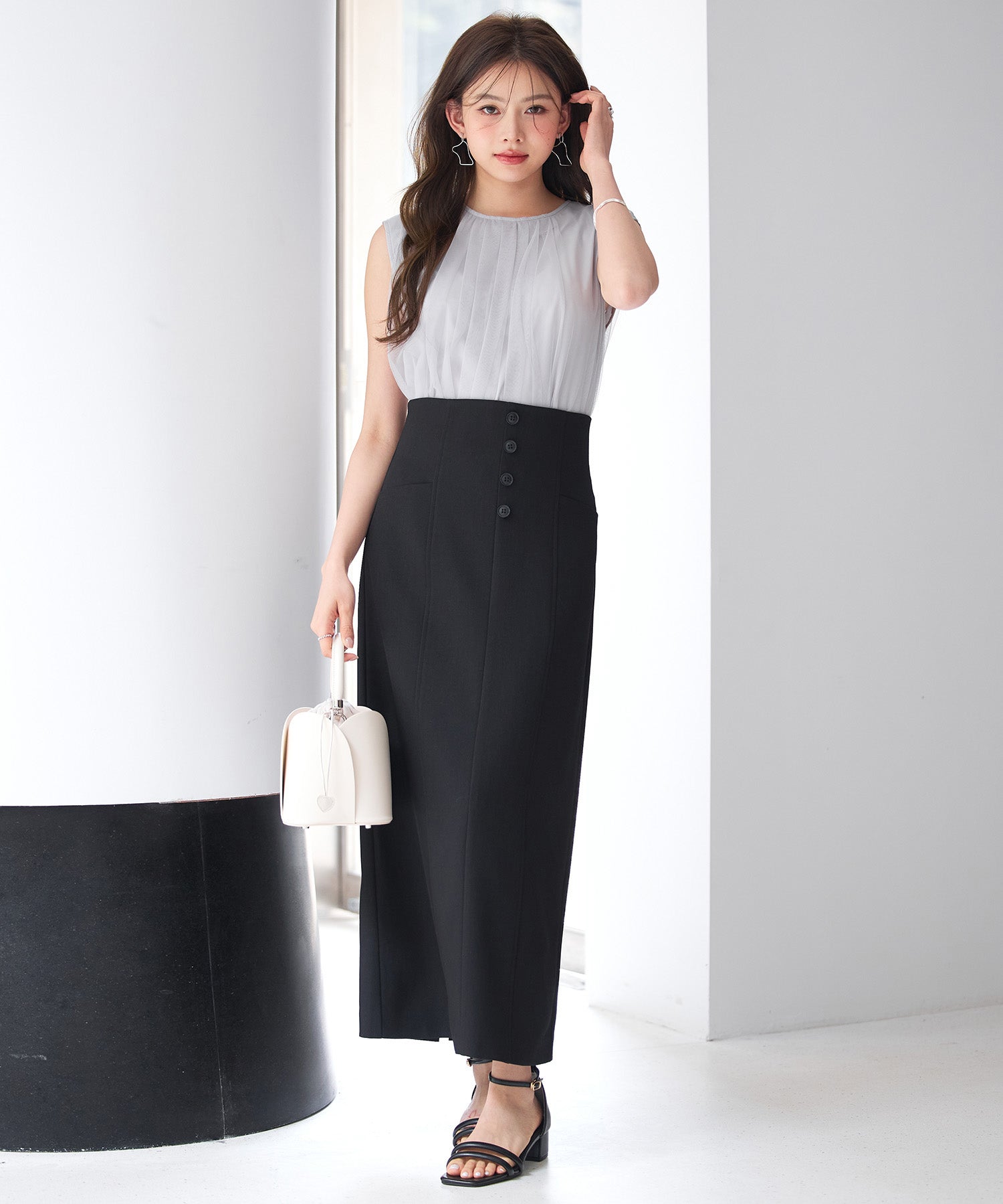 チュール素材ノースリーブブラウスsdp0290 ライトグレー