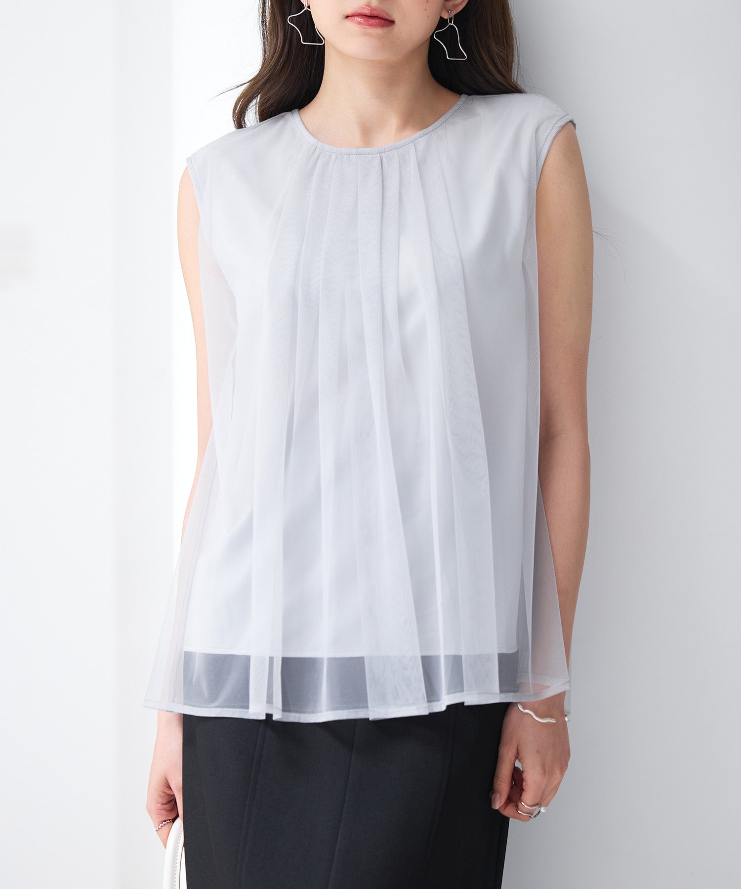 チュール素材ノースリーブブラウスsdp0290 ライトグレー