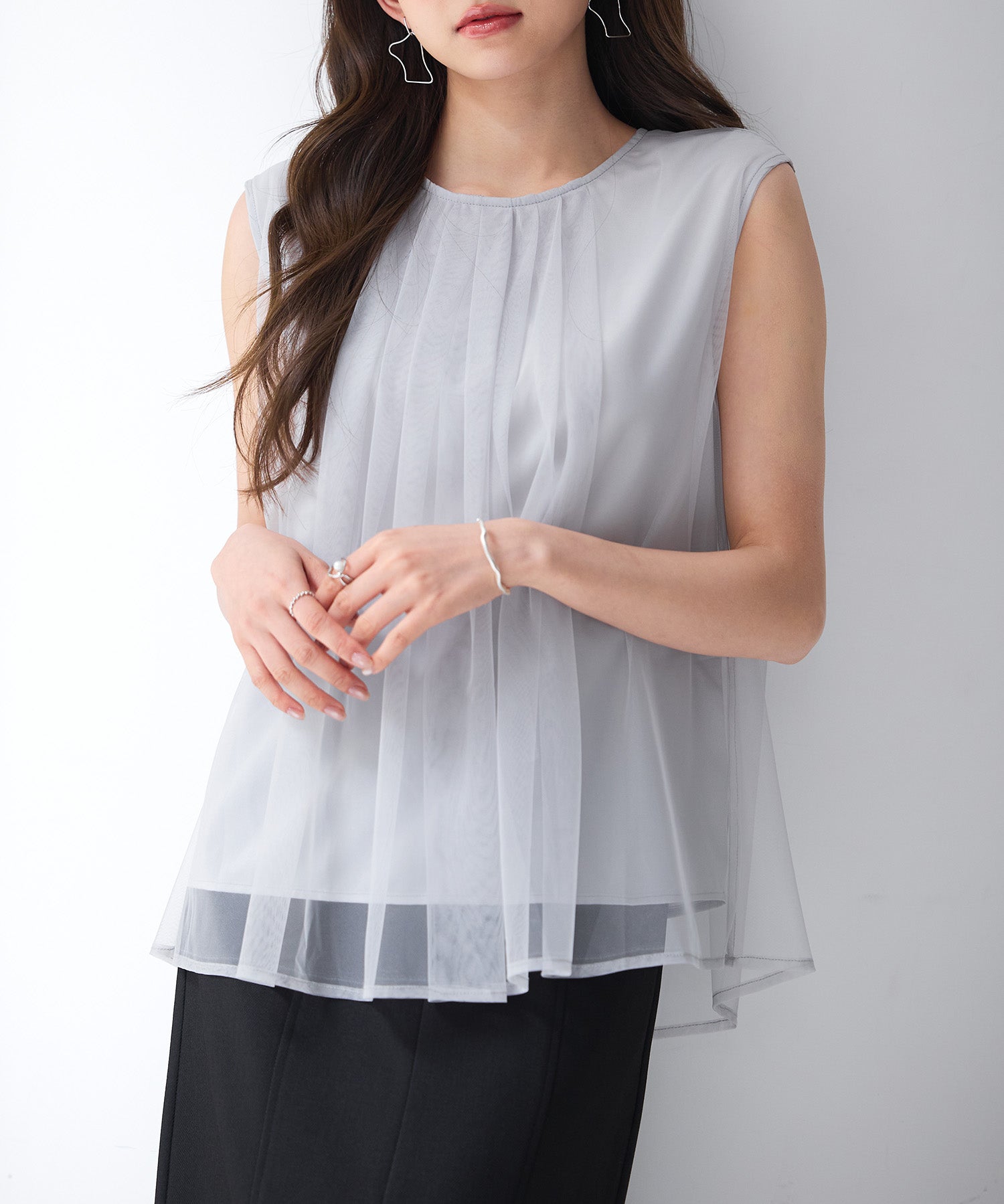 チュール素材ノースリーブブラウスsdp0290 ライトグレー