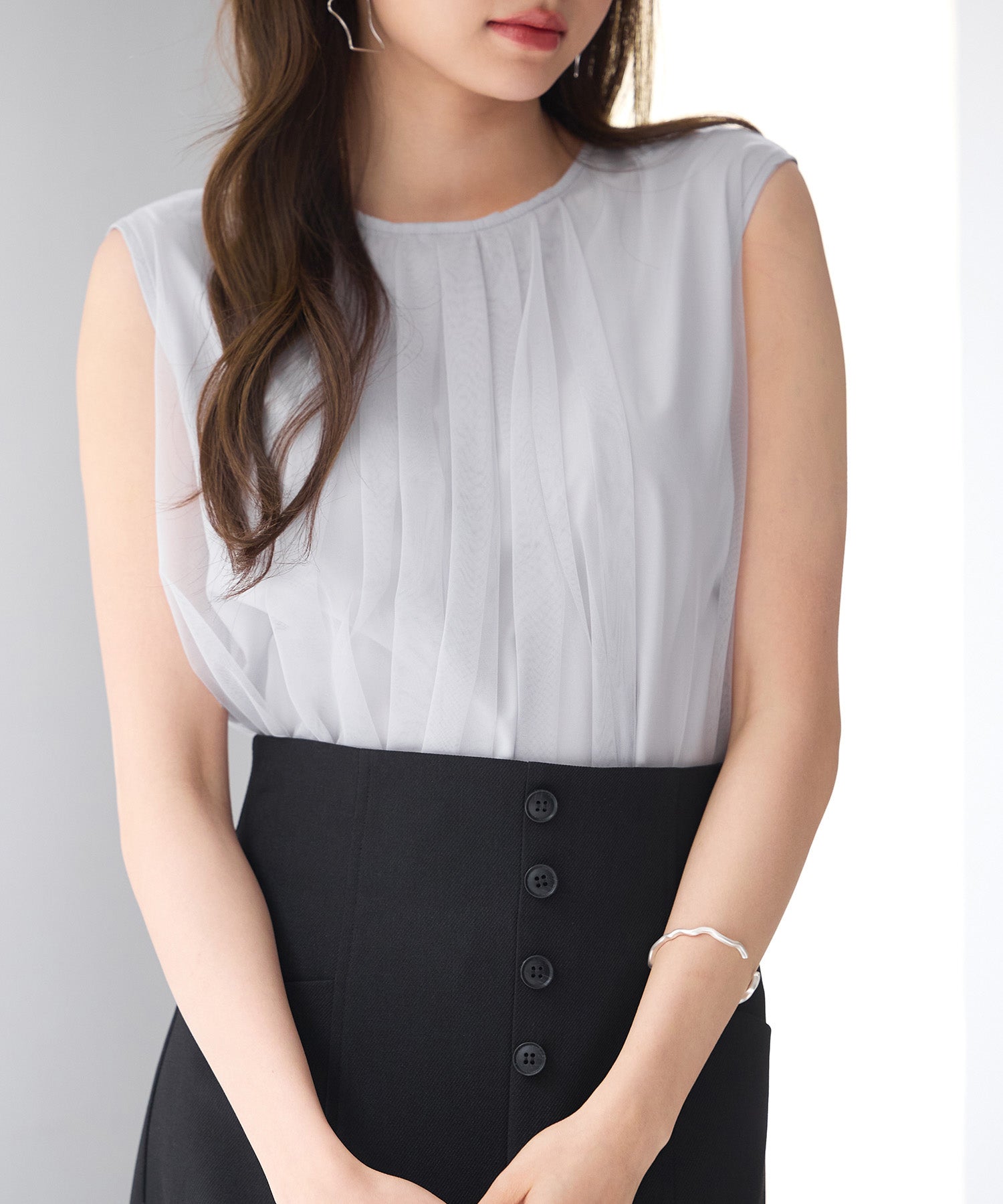 チュール素材ノースリーブブラウスsdp0290 ライトグレー