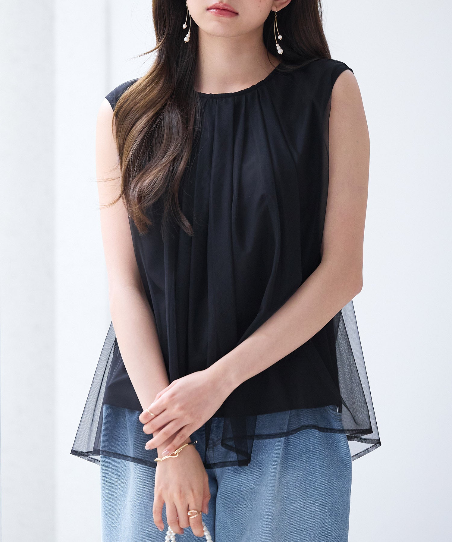 チュール素材ノースリーブブラウスsdp0290 ブラック