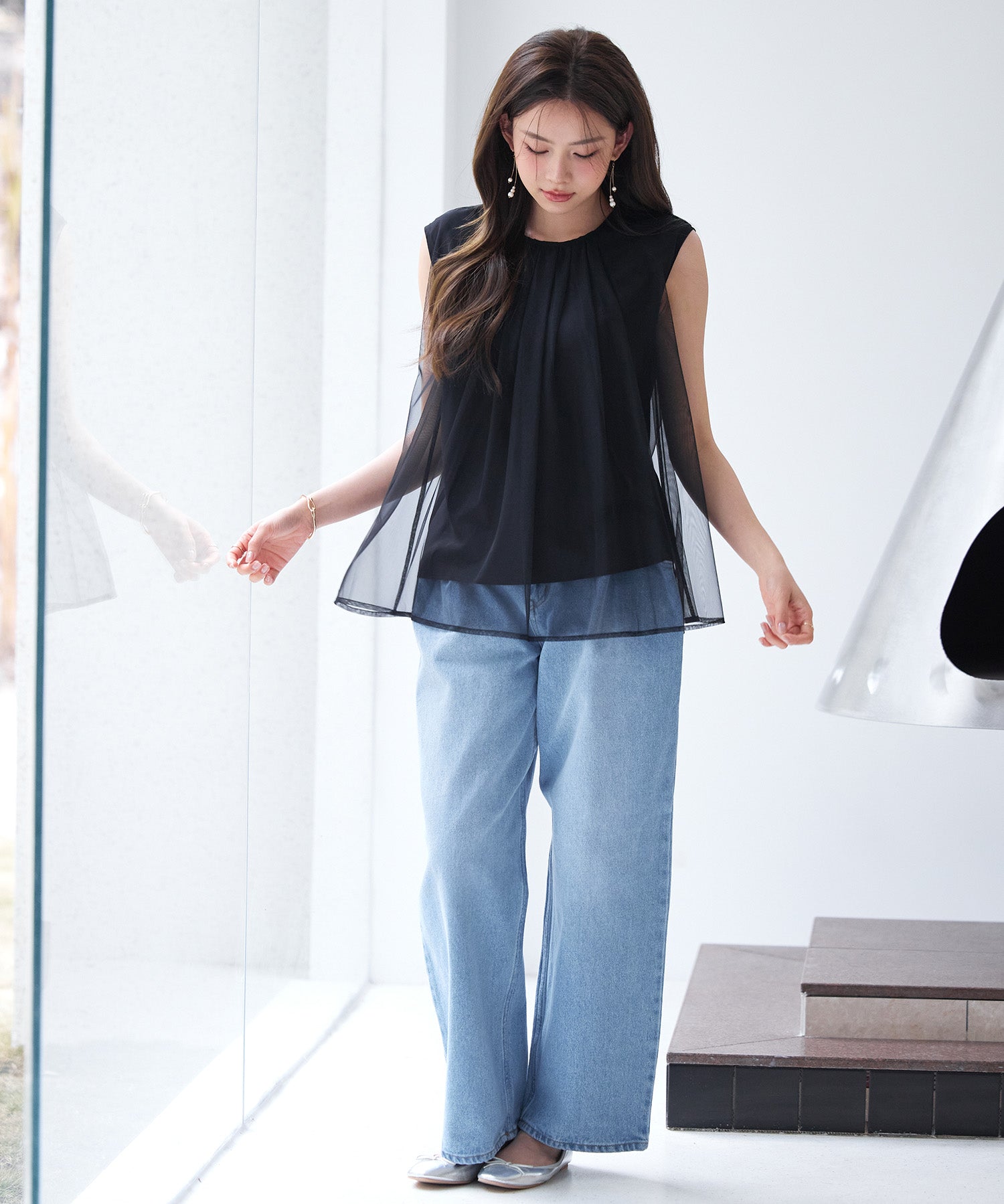 チュール素材ノースリーブブラウスsdp0290 ブラック