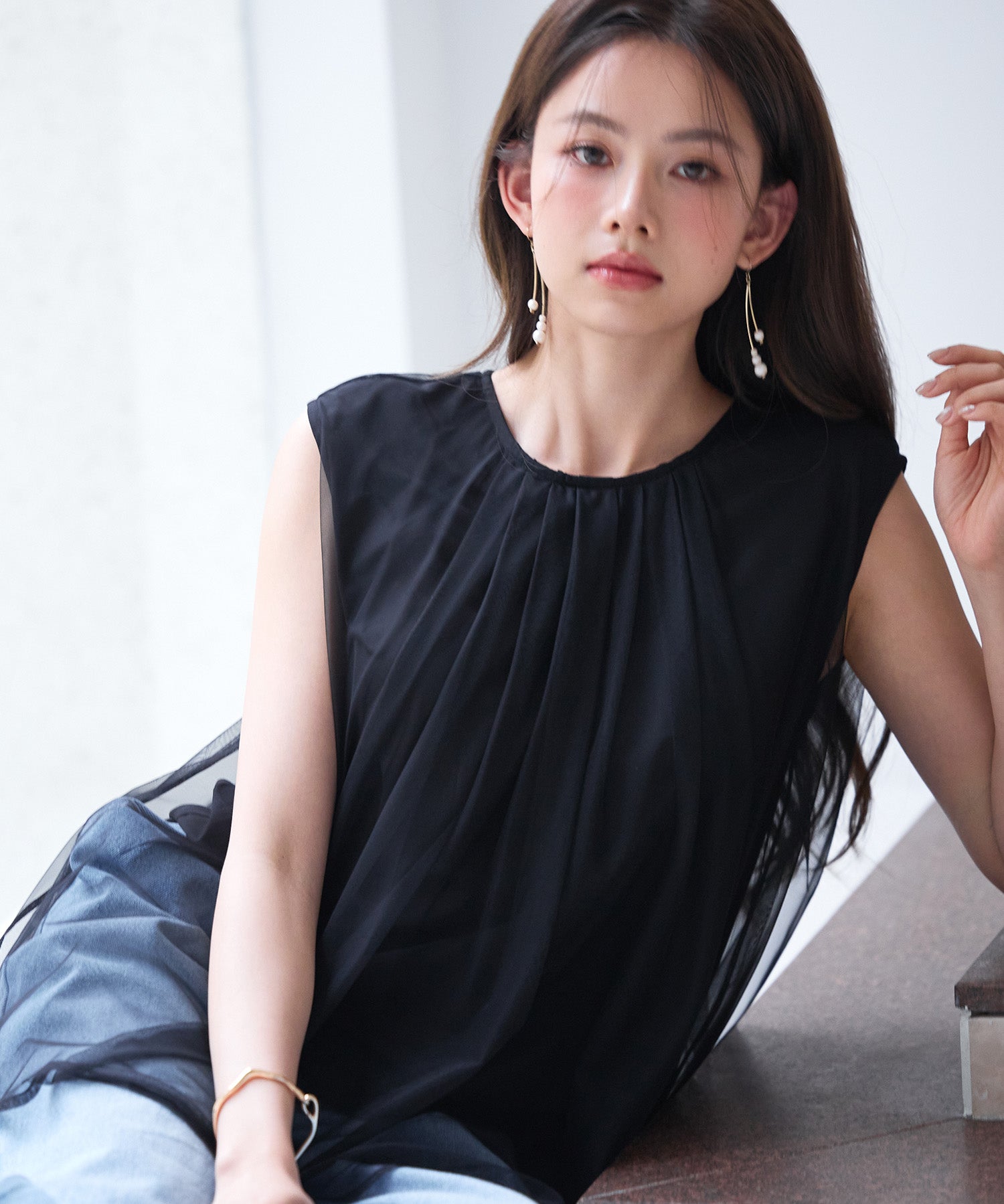 チュール素材ノースリーブブラウスsdp0290 ブラック