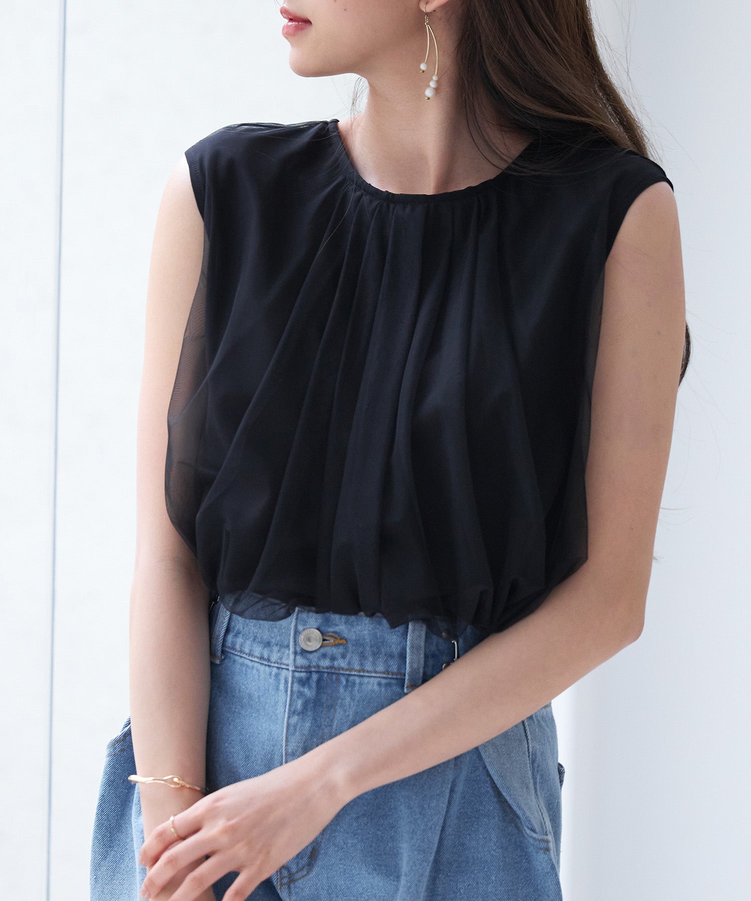 チュール素材ノースリーブブラウスsdp0290 ブラック