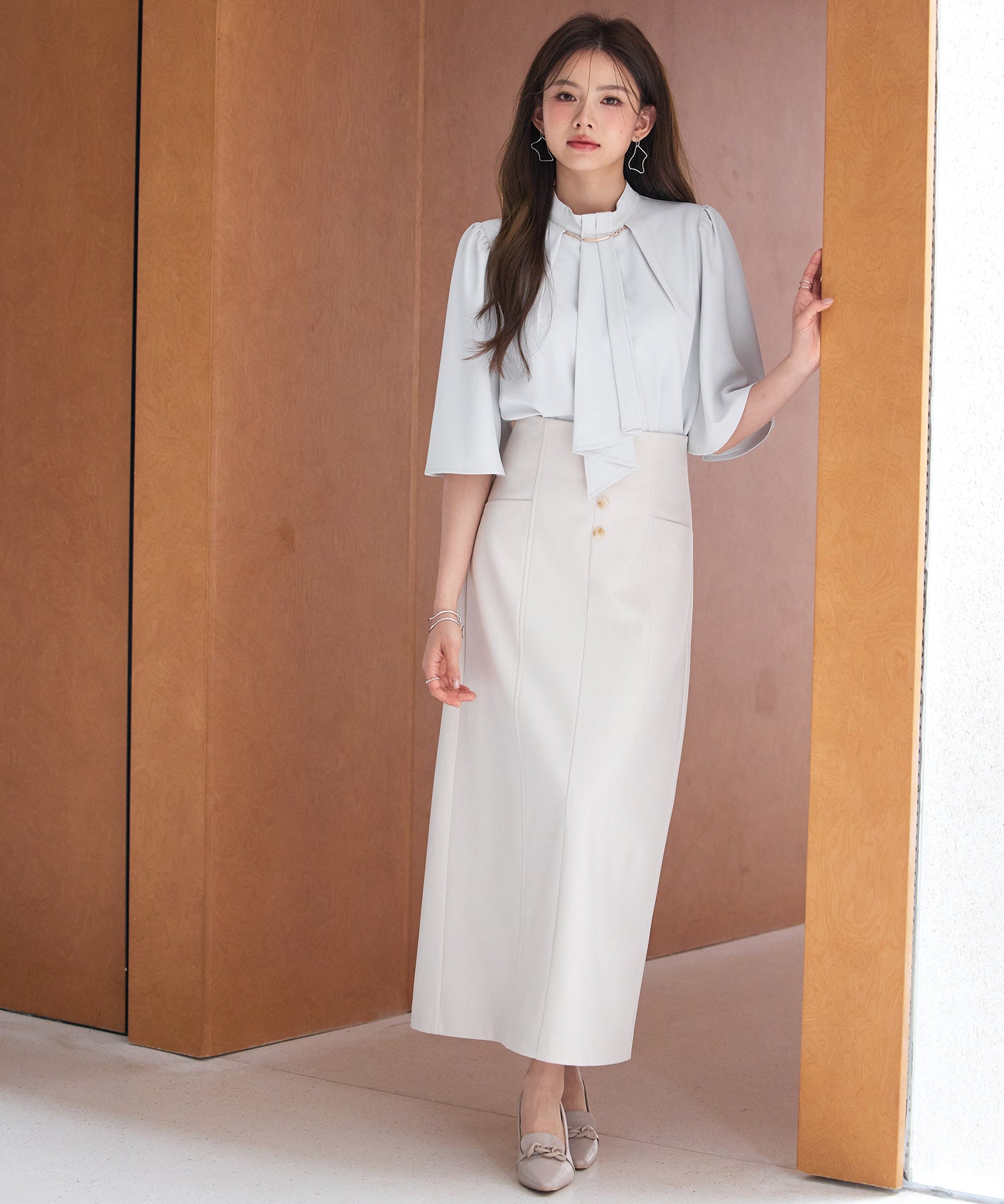 フロントボタンハイウエストスカートsdp0293 ライトベージュ