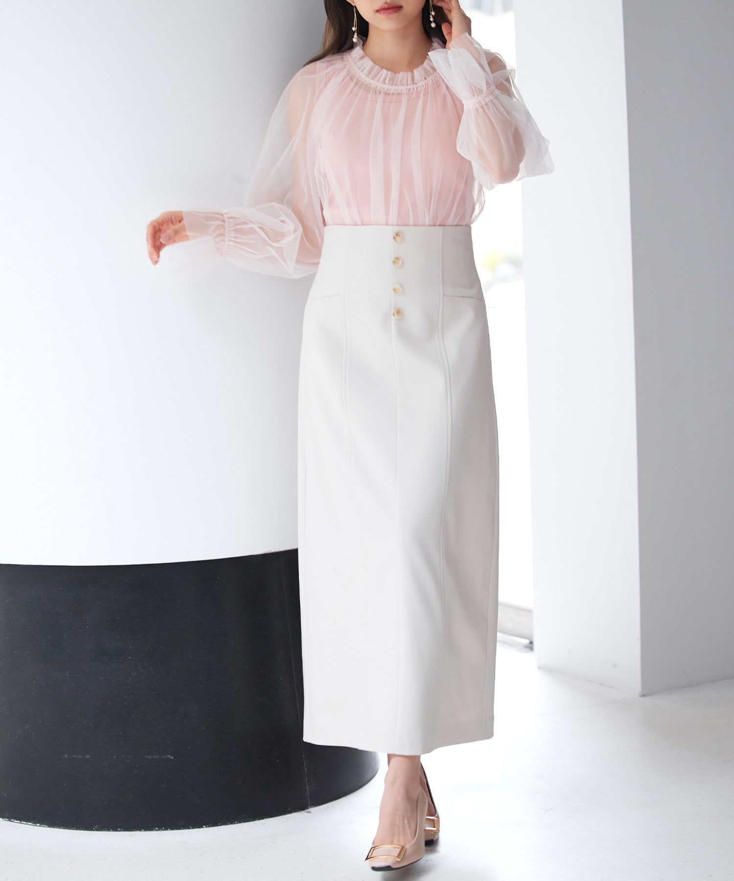 フロントボタンハイウエストスカートsdp0293 ライトベージュ