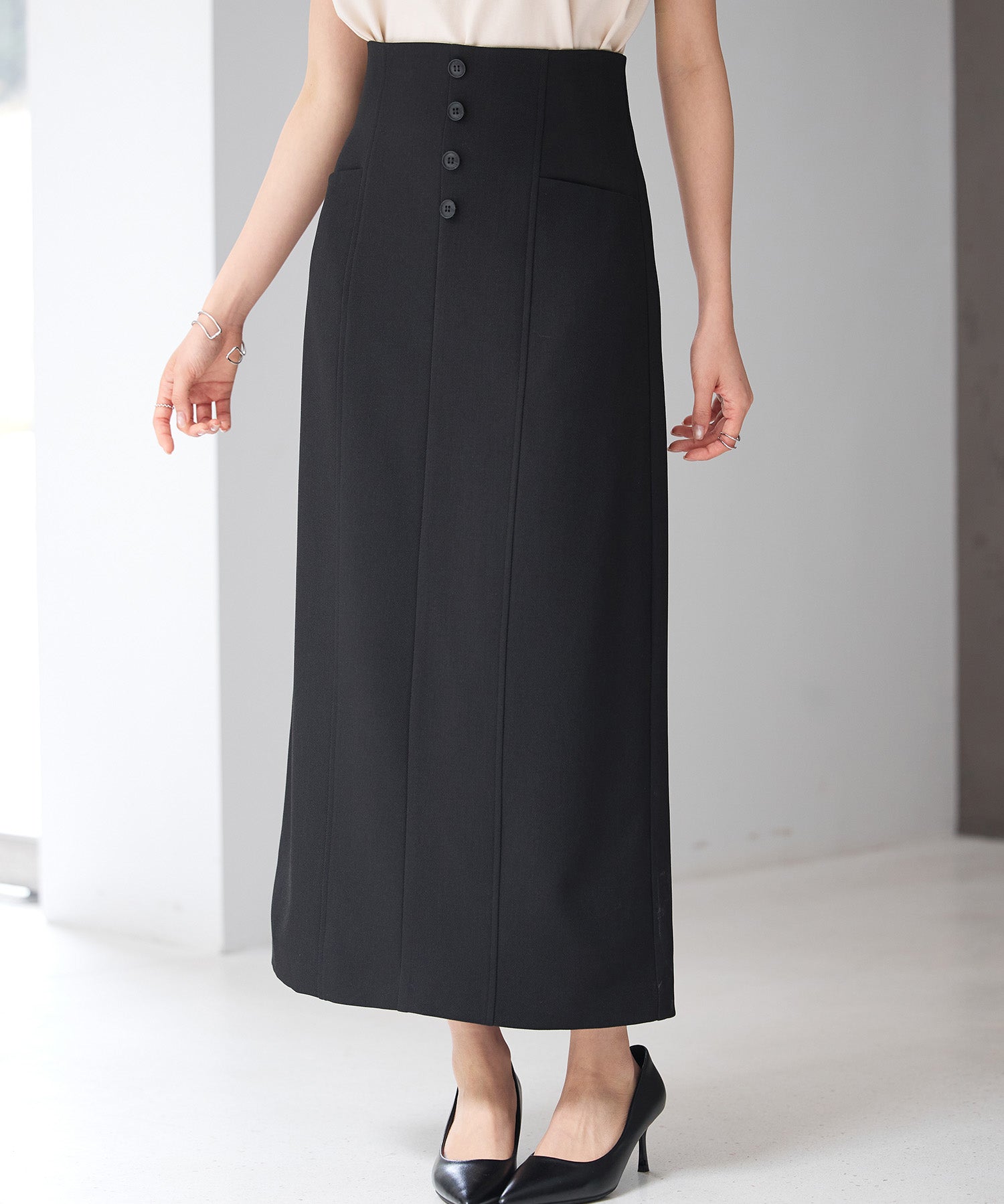 フロントボタンハイウエストスカートsdp0293 ブラック
