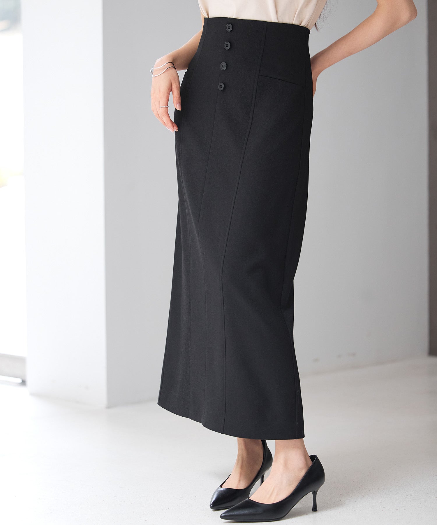 フロントボタンハイウエストスカートsdp0293 ブラック