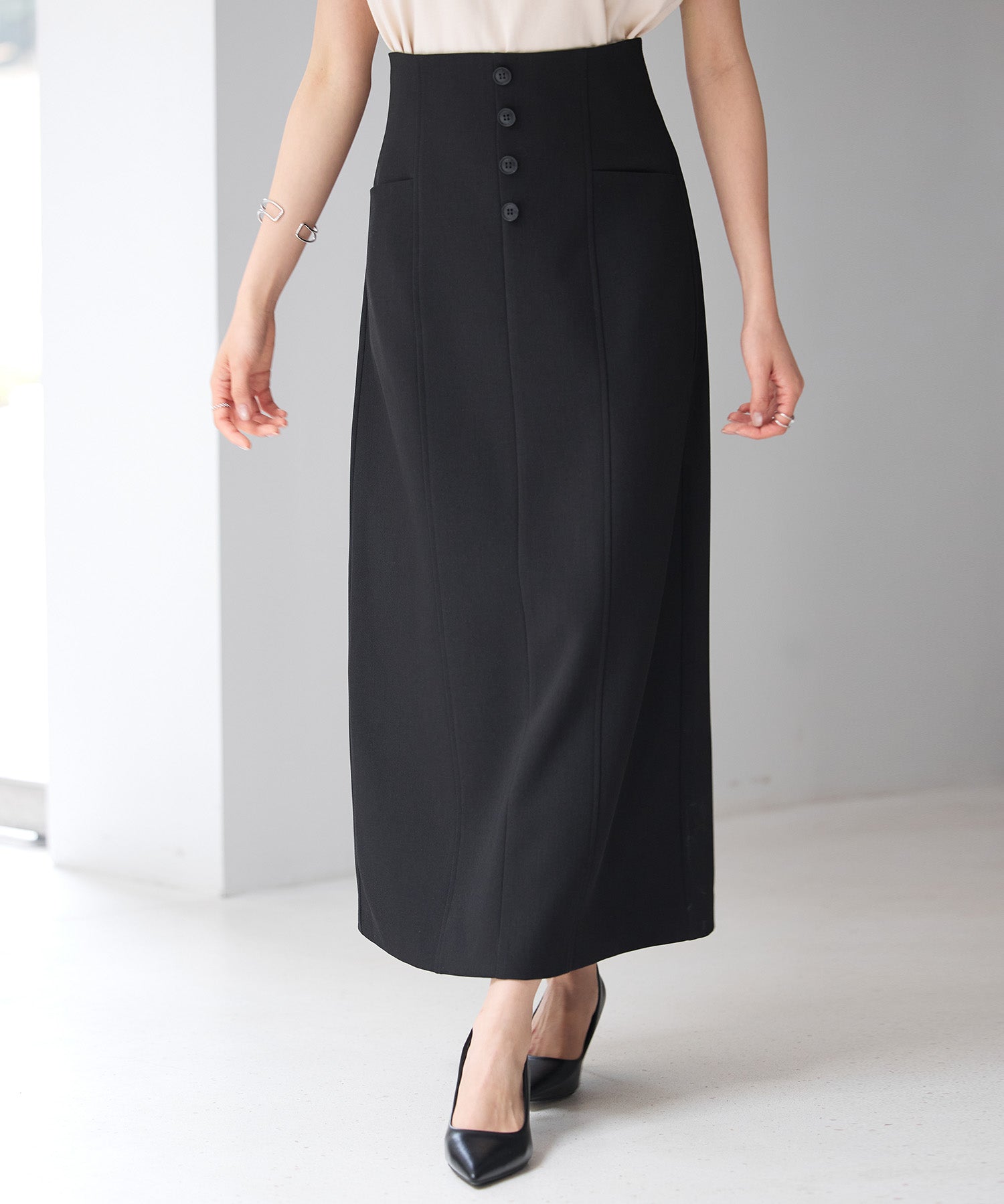 フロントボタンハイウエストスカートsdp0293 ブラック