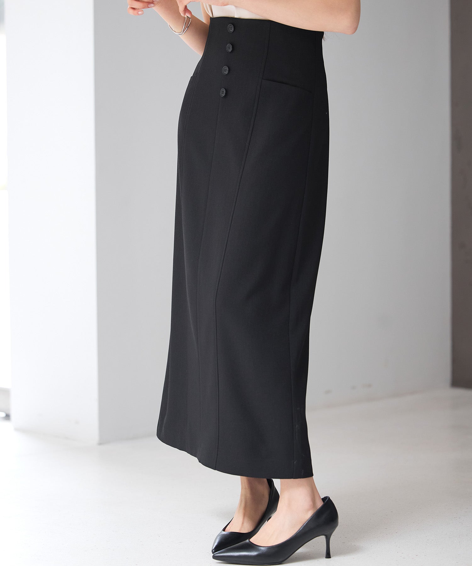 フロントボタンハイウエストスカートsdp0293 ブラック