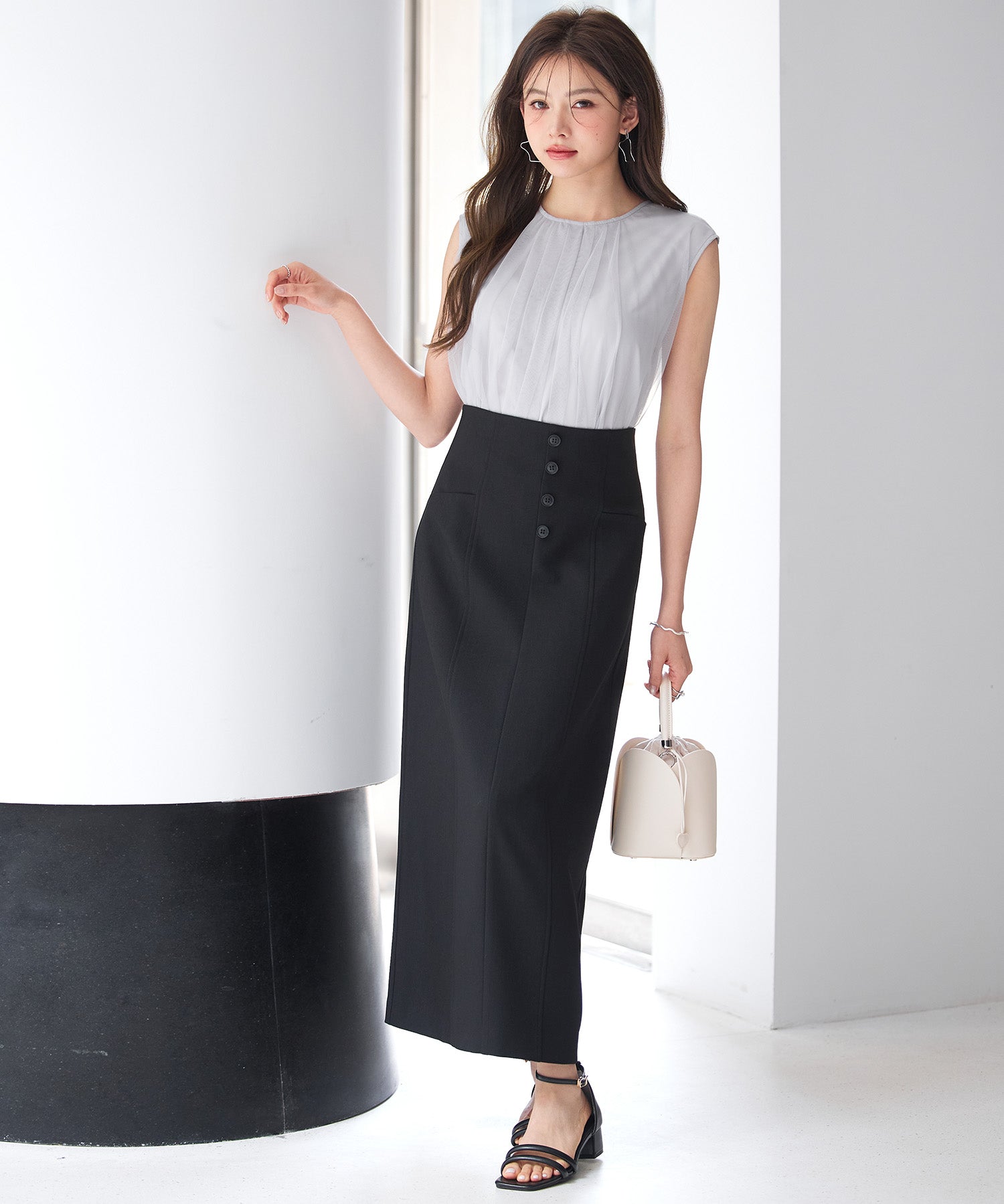 フロントボタンハイウエストスカートsdp0293 ブラック